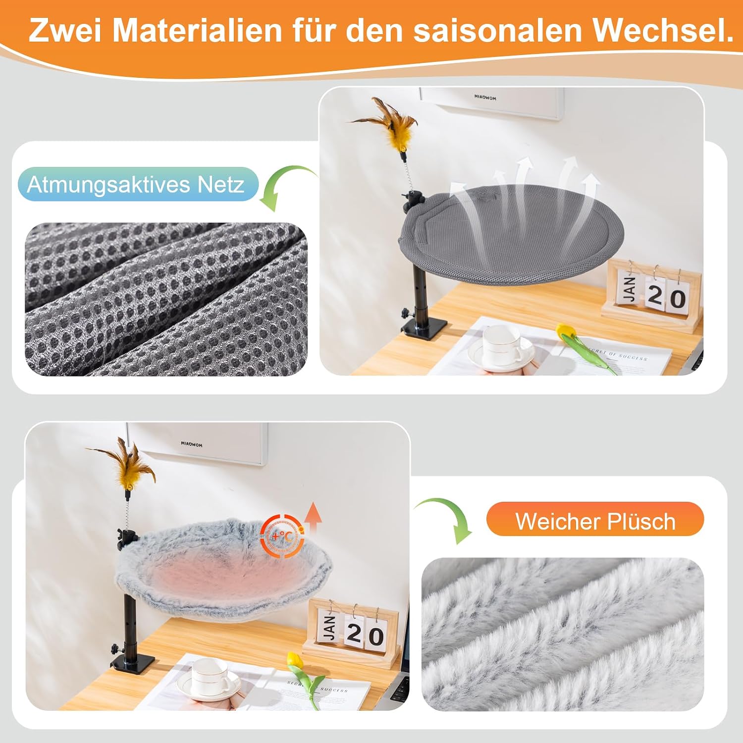 Detalle de Uross Cat Bed for Desk – 360° Rotatable Cat Hammock Bed (LightGrey)