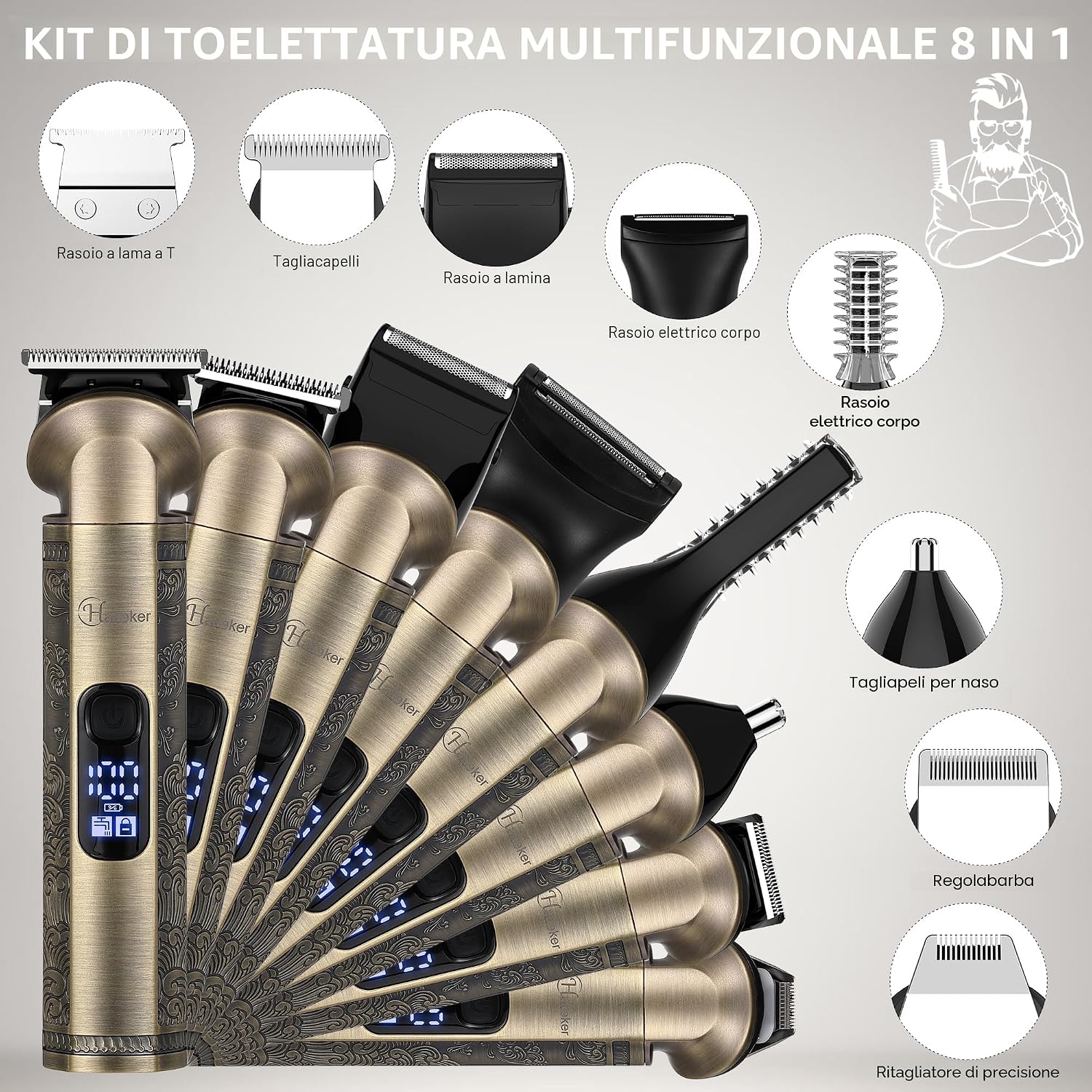 Thumbnail 1 de Hatteker Regolabarba Rasoio Elettrico 8 in 1 – Rifinitore professionale per barba, capelli e corpo