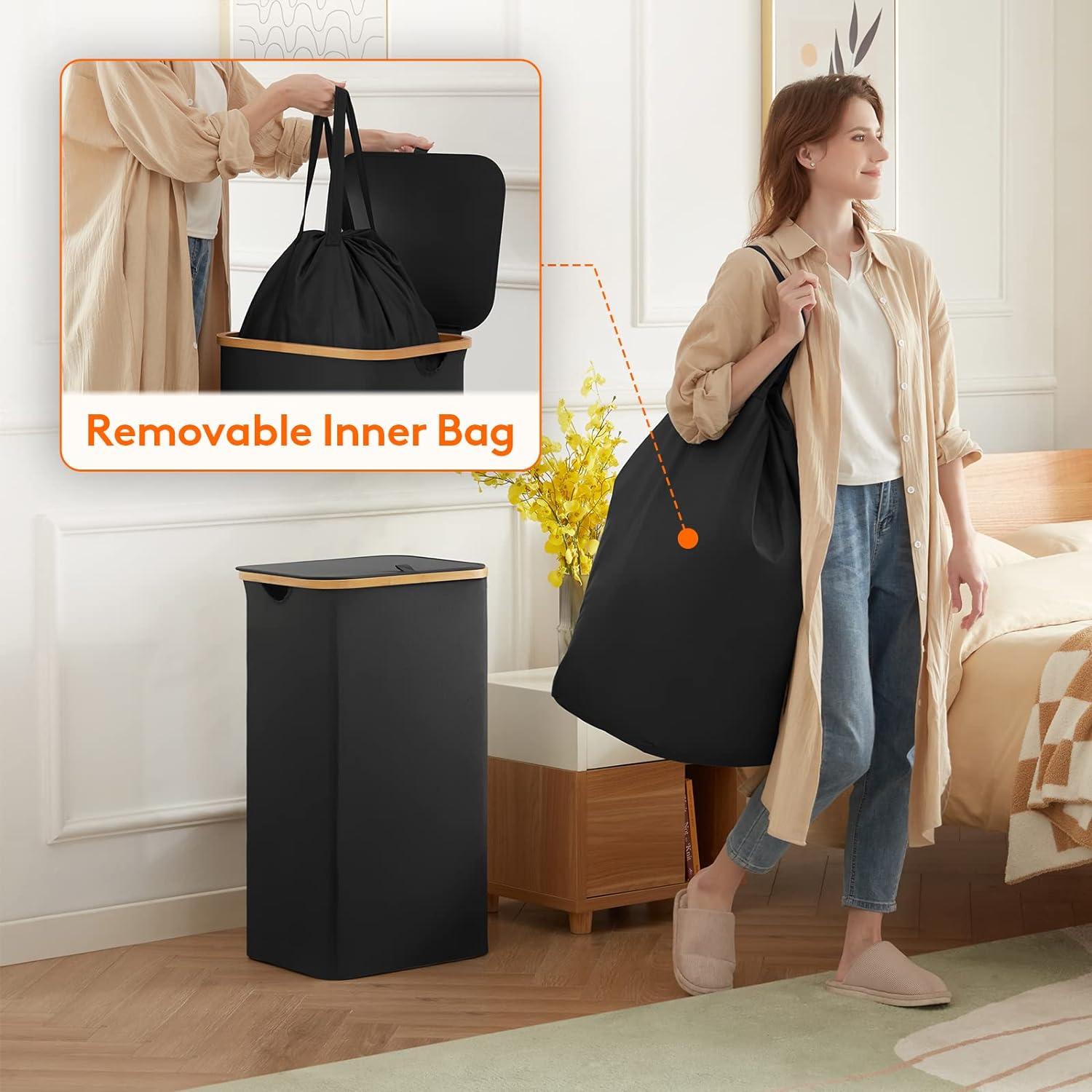 Thumbnail 2 de Lifewit 100L Laundry Basket with Lid, Foldable Hamper with Removable Bag and Bamboo Handles (Black)