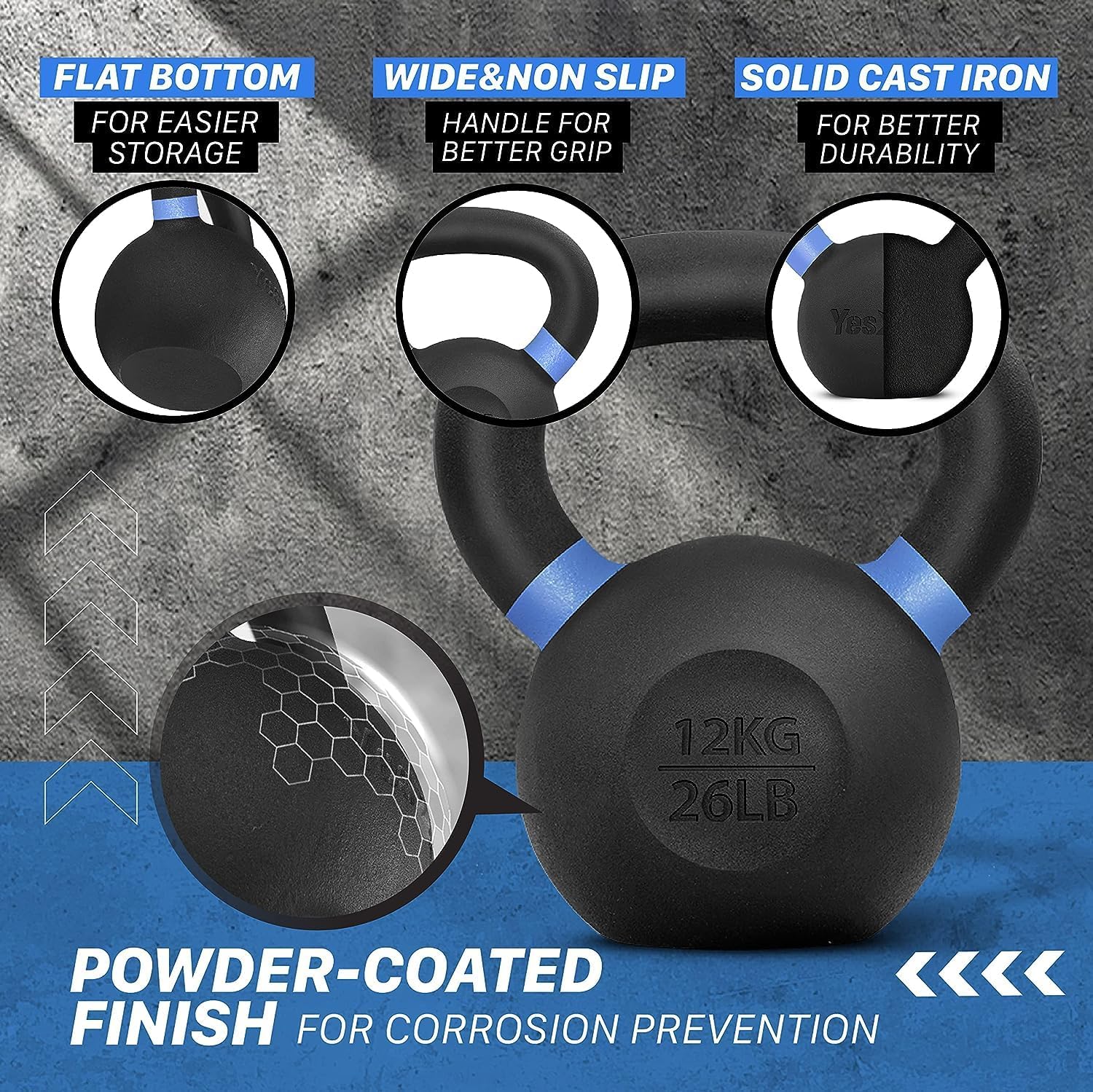 Thumbnail 2 de Yes4All 4–32kg Powder Coated Cast Iron Kettlebells – Durable, Colour-Coded Weights for Home Gym
