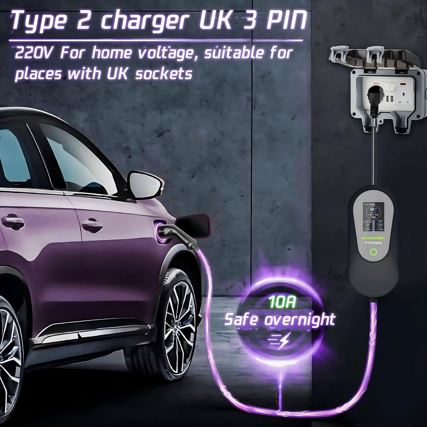 Detalle de G-Journey EV Charger Cable Type 2 to 3 Pin Plug (8m) – Adjustable 6/8/10A, IP65, LED Display