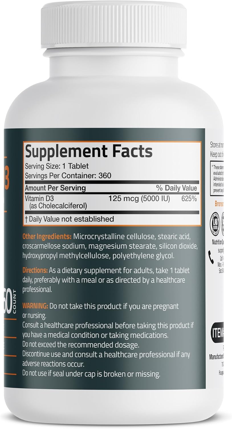Detalle 2 de Bronson Vitamin D3 5,000 IU Tablets, 360 Count, Non-GMO, Gluten-Free