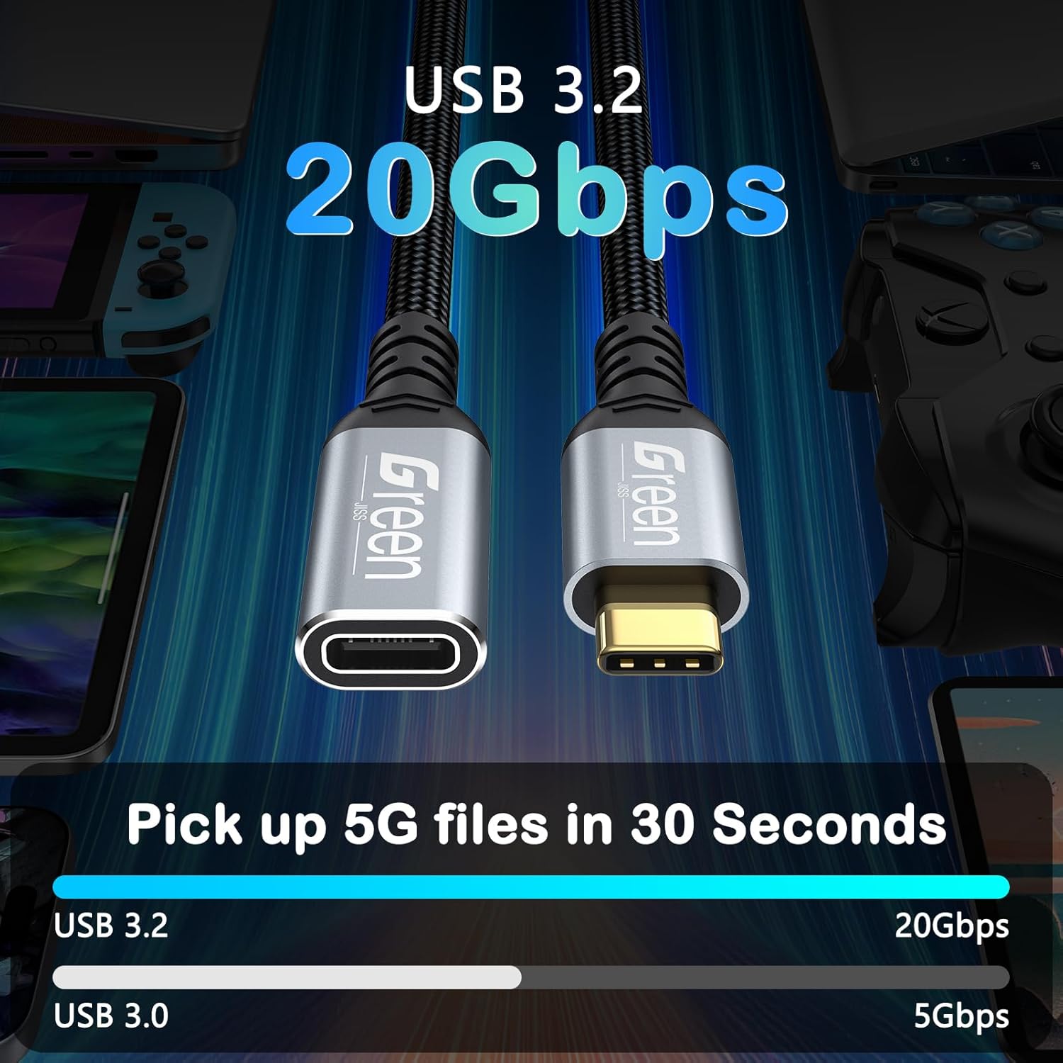Detalle 2 de Green Jiss USB C Extension Cable 5ft — 20Gbps, 4K@60Hz, 240W PD
