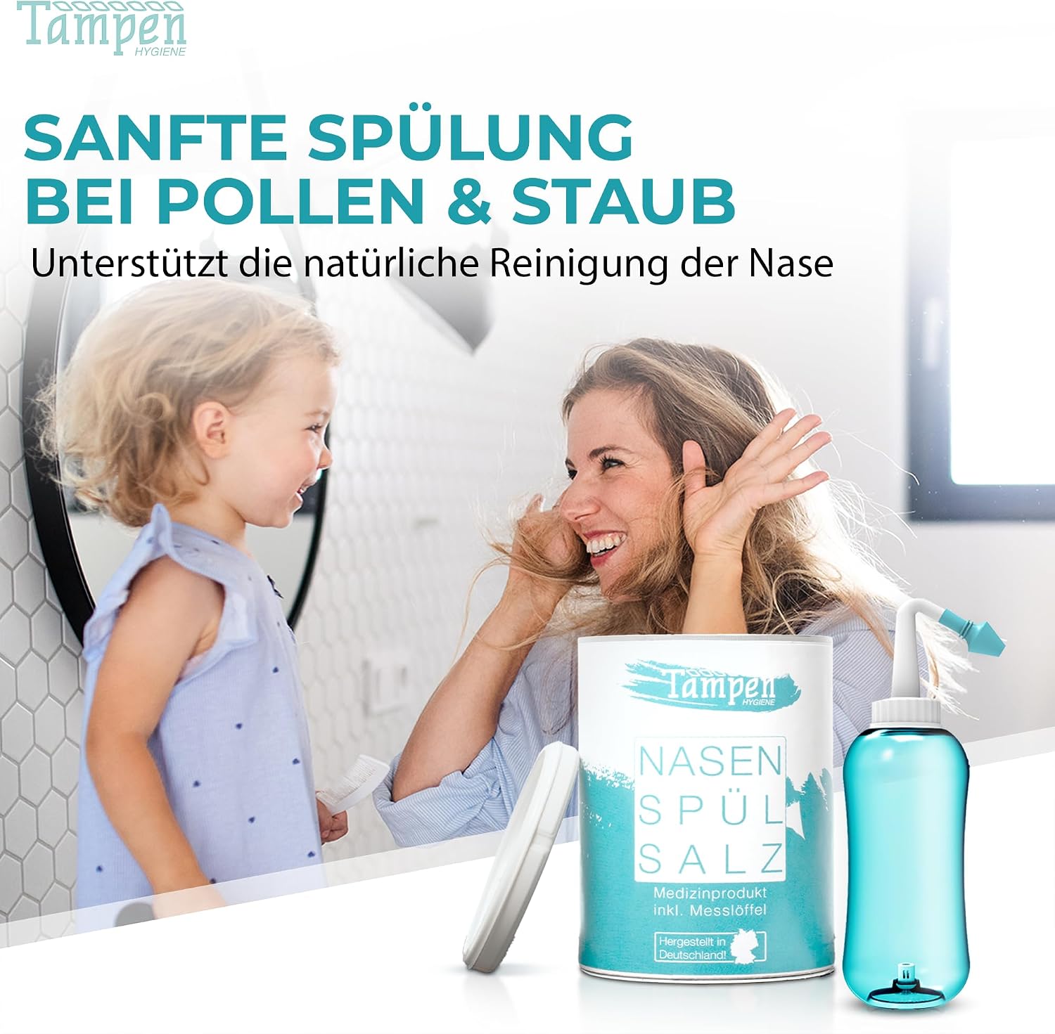 Detalle de Tampen Nasendusche: Großes Set für Erwachsene und Kinder inkl. 120 Nasenspülsalz, Messlöffel und 3 Aufsätze