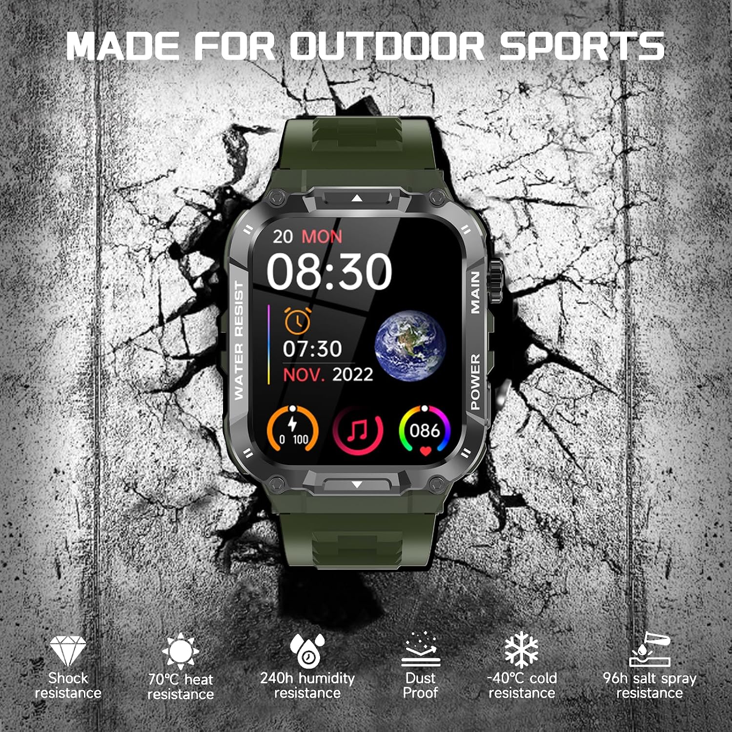 Detalle de Military Smart Watch for Men (1.96-inch) in Military Green with Call, Fitness, Blood Oxygen & Sleep