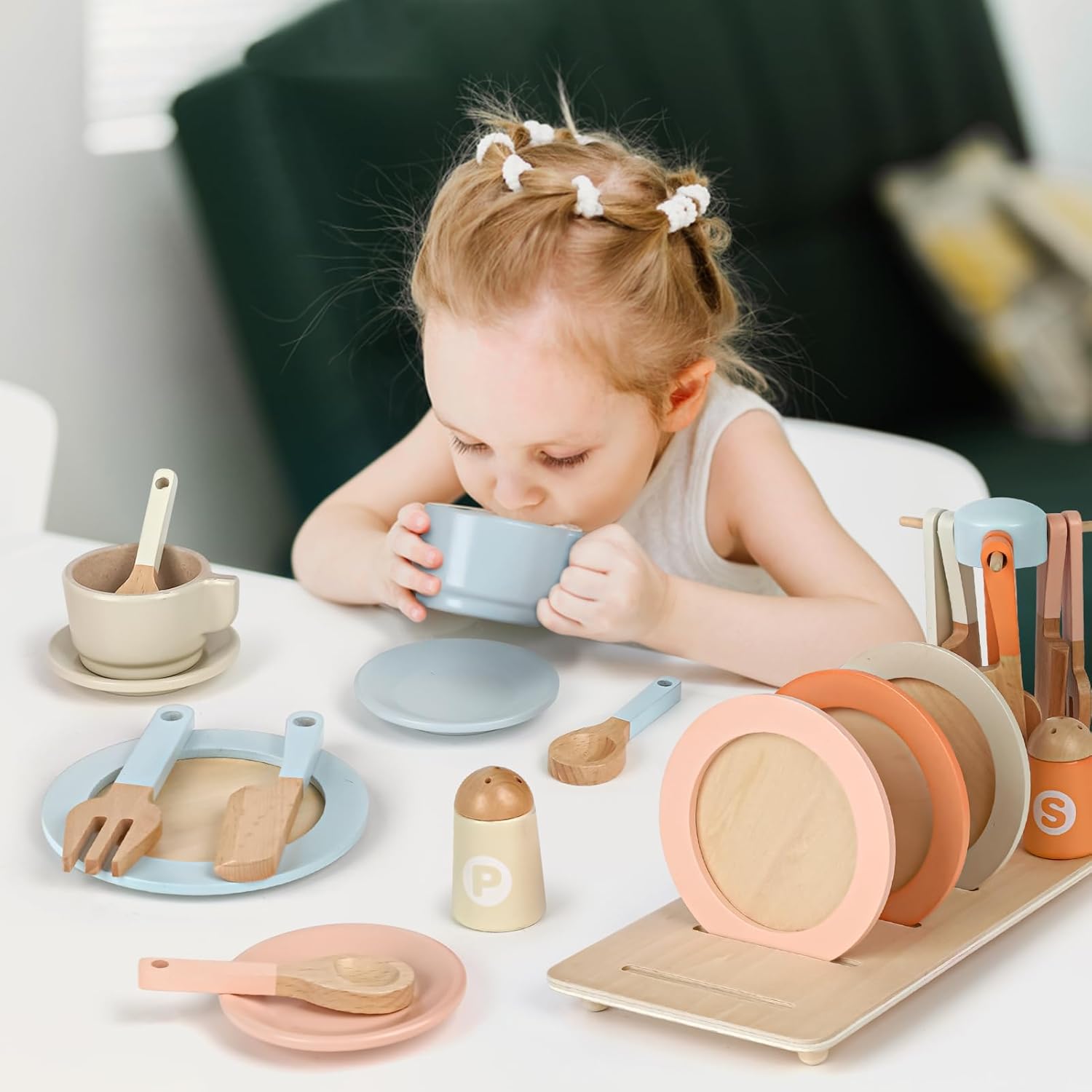 Thumbnail 3 de Dreamon Wooden Tea Set for Toddlers (27 pcs) – Pink play kitchen accessories