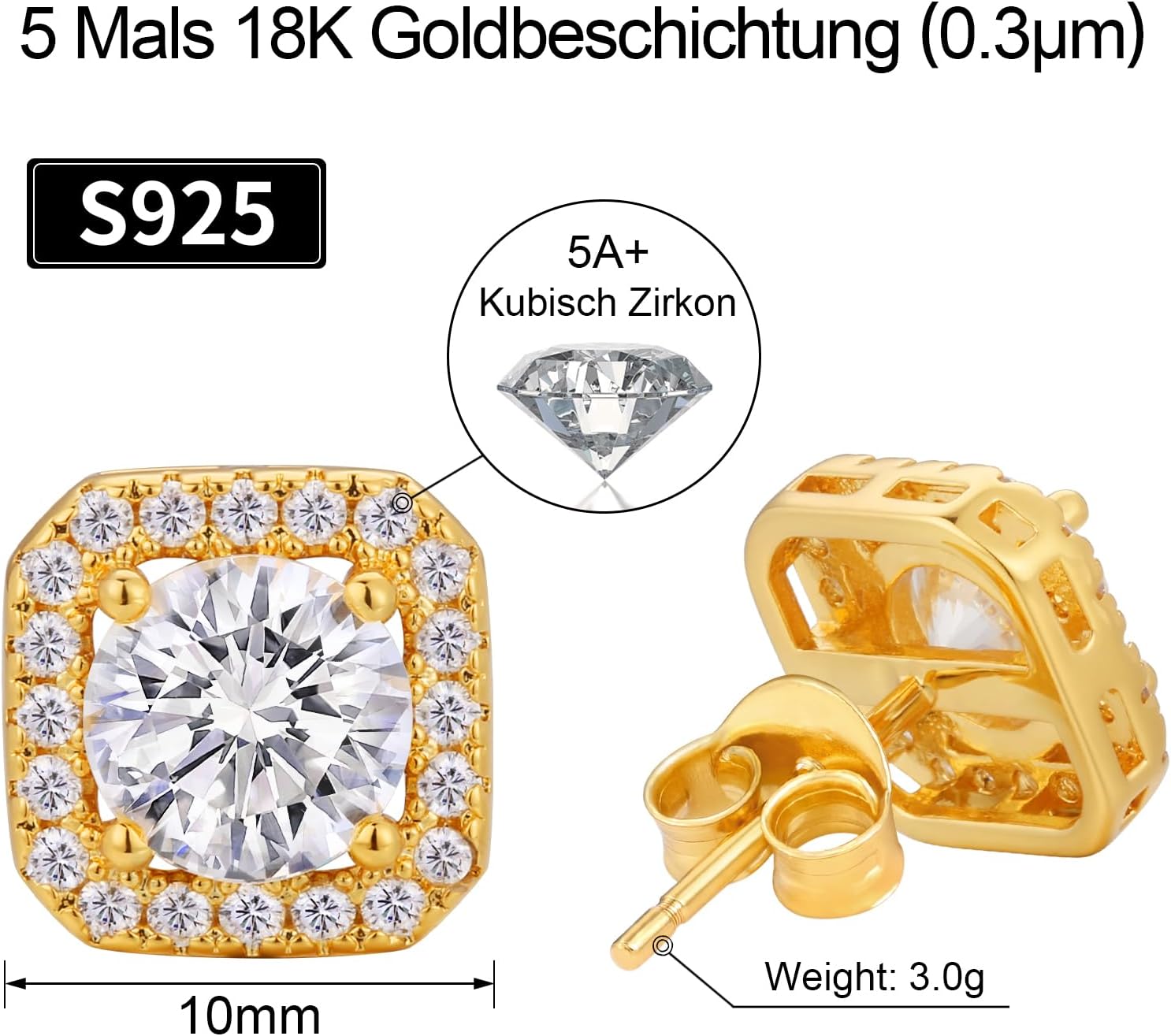 Detalle de VEXXS Herren Ohrringe Silber 925 mit 18K Gold/Weißgold Beschichtung und 5A Zirkonia – robust, hypoallergen