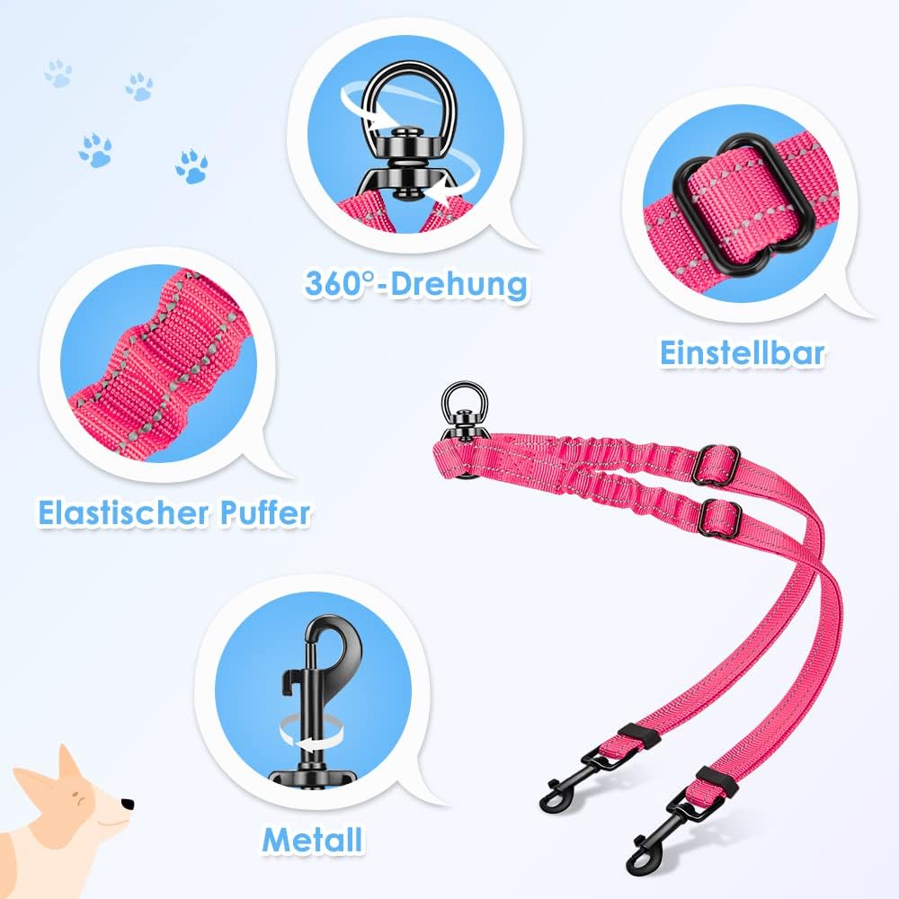 Detalle 2 de Nasjac Doppelte Hundeleine – 360° drehbar, verstellbar, reflektierend & stoßdämpfend für zwei Hunde