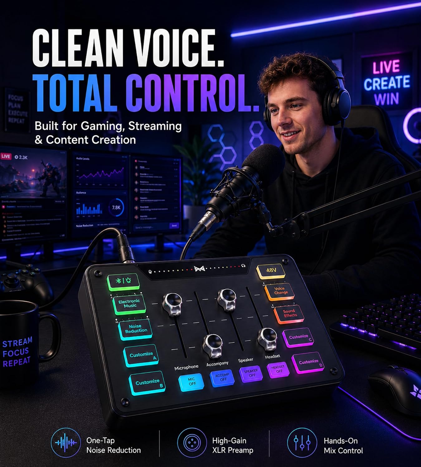 Detalle de MAILANGSHI D1 Gaming Audio Mixer with XLR, Bluetooth, 48V Support and RGB