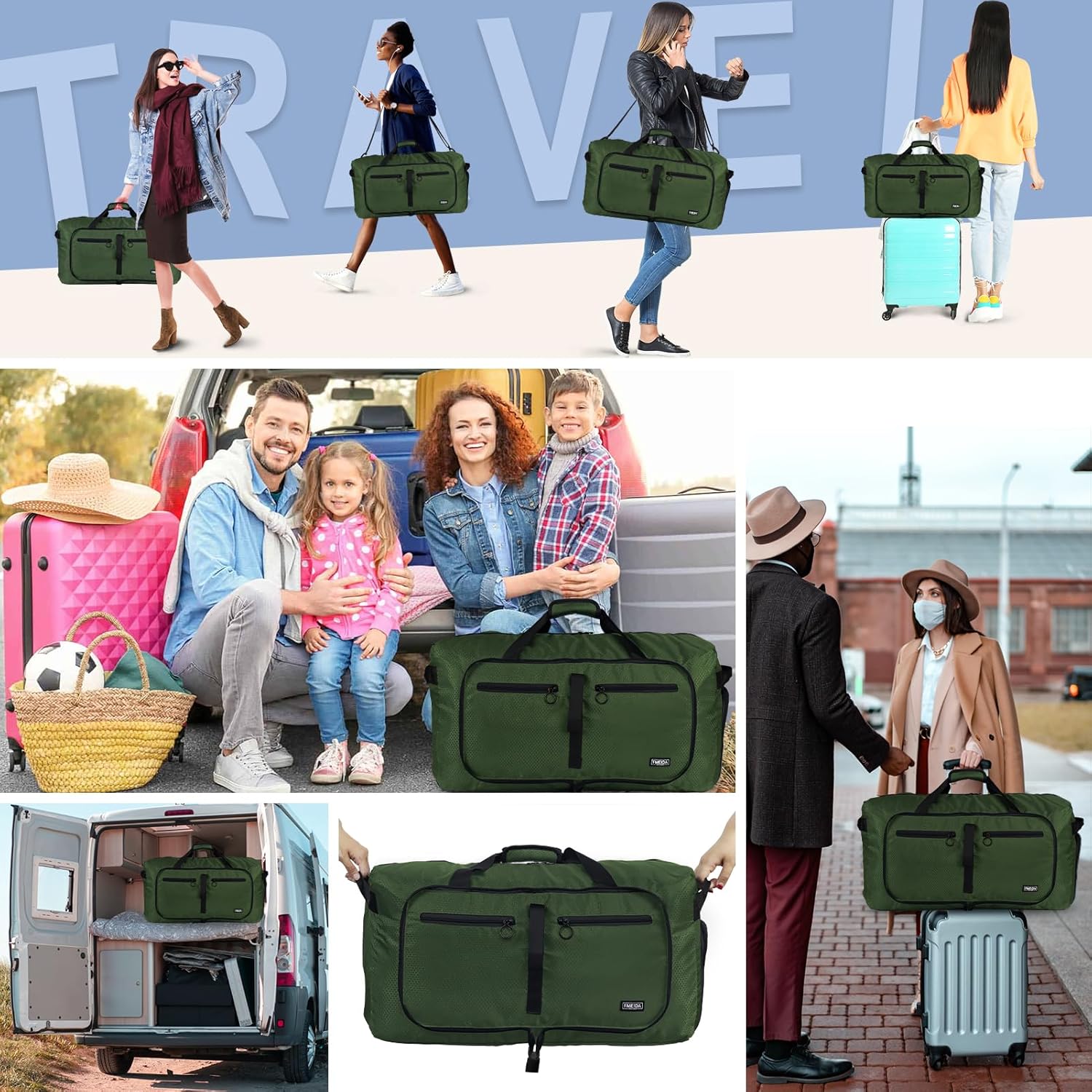 Detalle 2 de Fmeida Sportasche XXL 65L – Reisetasche Grün, 62×29×35 cm, praktischer Weekender mit Schuhfach