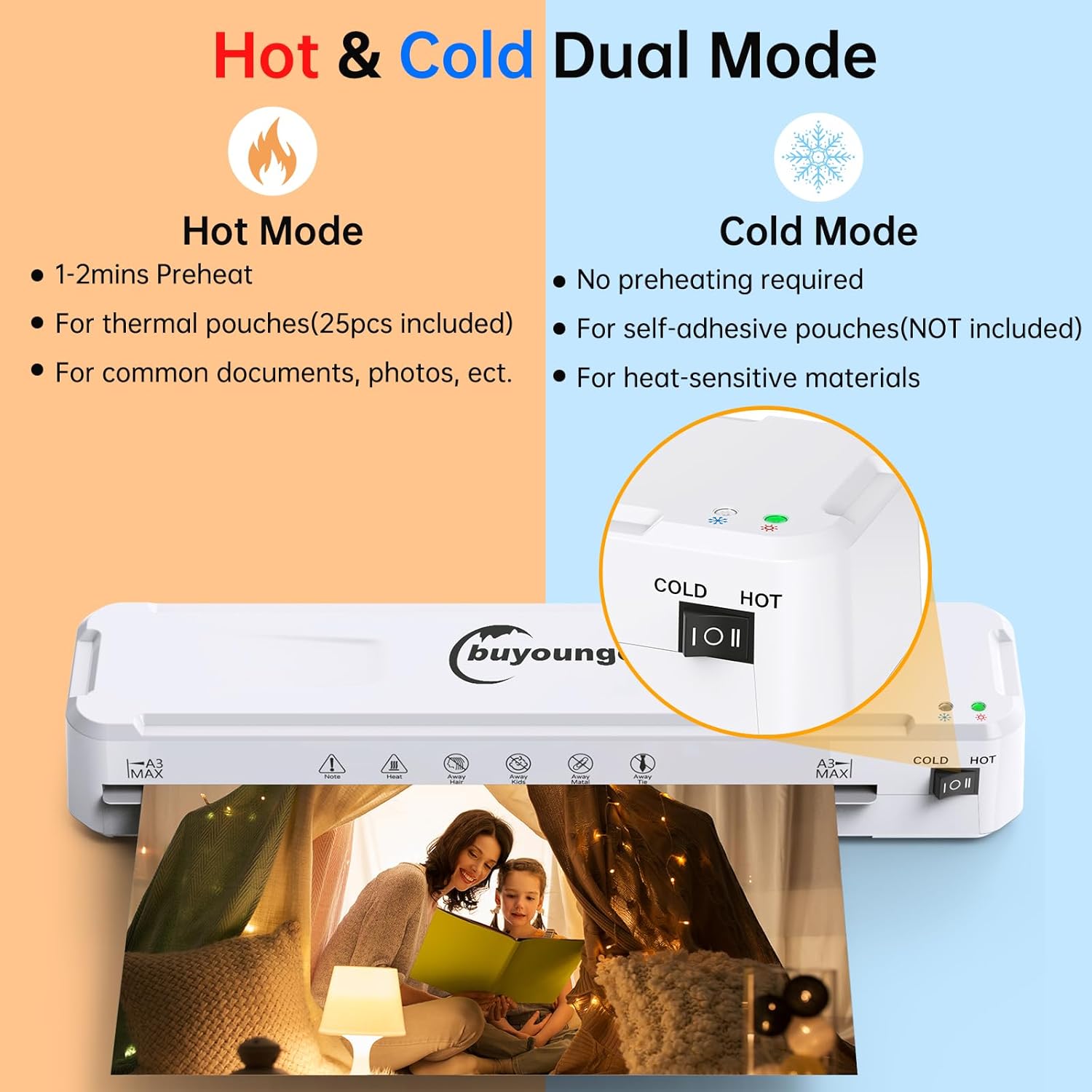 Detalle de Buyounger plastificatrice a freddo e a caldo 6 in 1 per formati A3–A6 con 30 buste, taglierino e accessori per angoli