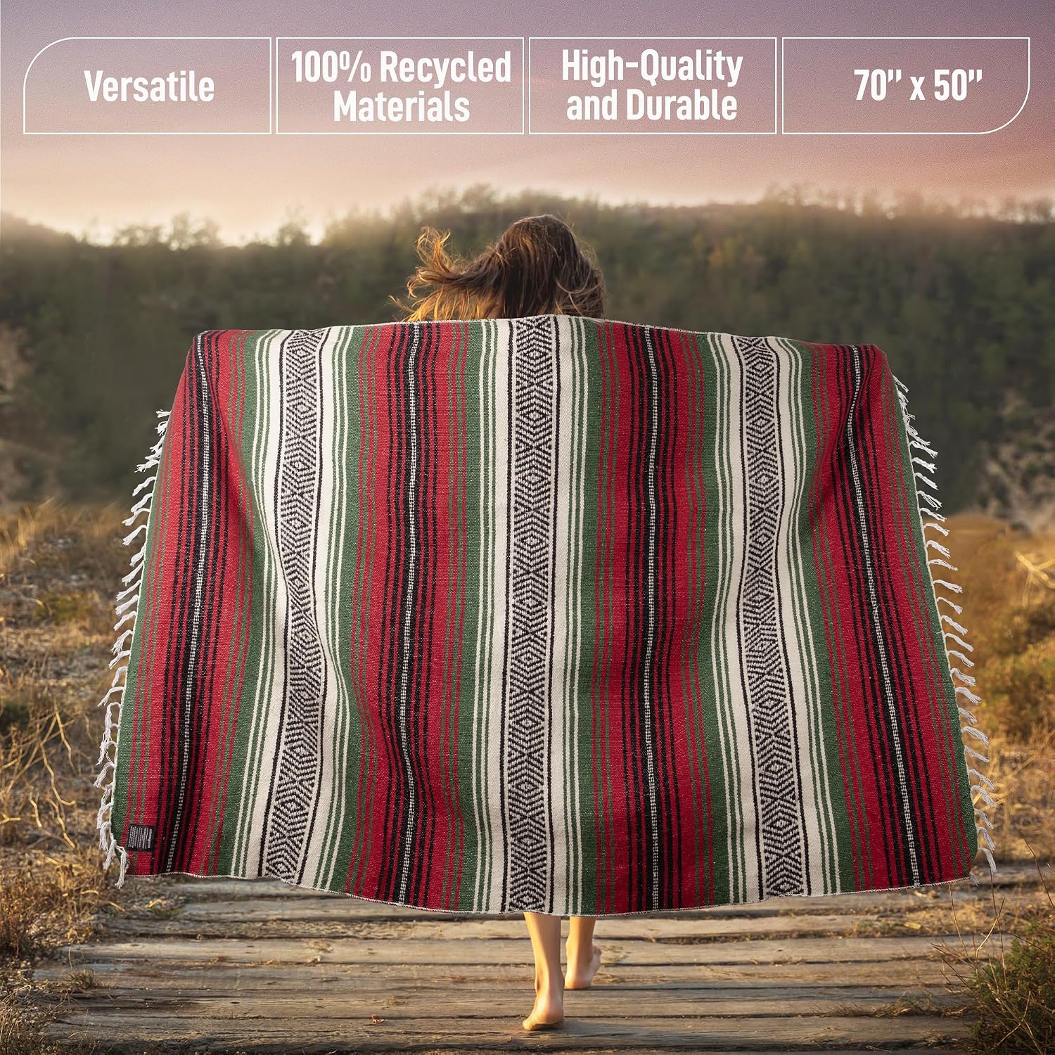 Detalle de Hydration Nation Mexican Blanket 70" x 50" Dragon Throw, Recycled Cotton