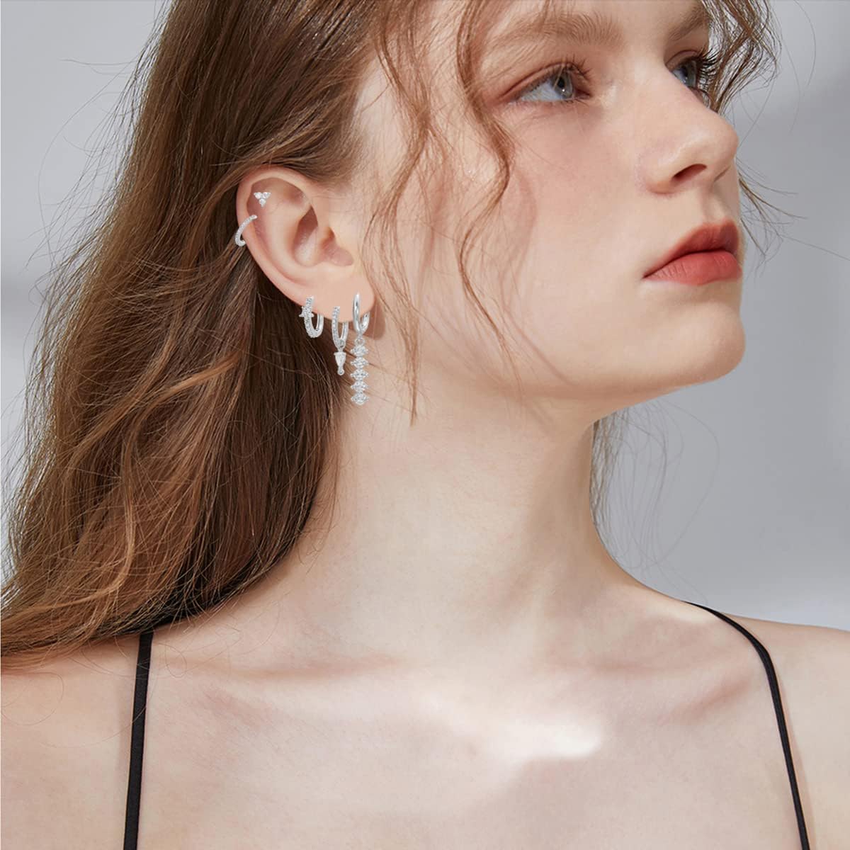 Detalle de Boucles d'oreilles Argent pour Femme – Ensemble Creoles petites et Zirconium Cubique, plaqué or 14K, hypoallergéniques