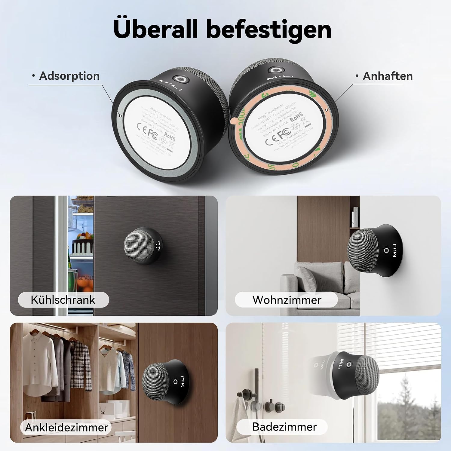 Detalle de MiLi Bluetooth Lautsprecher – Magnetischer Mini Speaker, 3W, IP65, 8 Stunden Wiedergabe, TWS Stereo