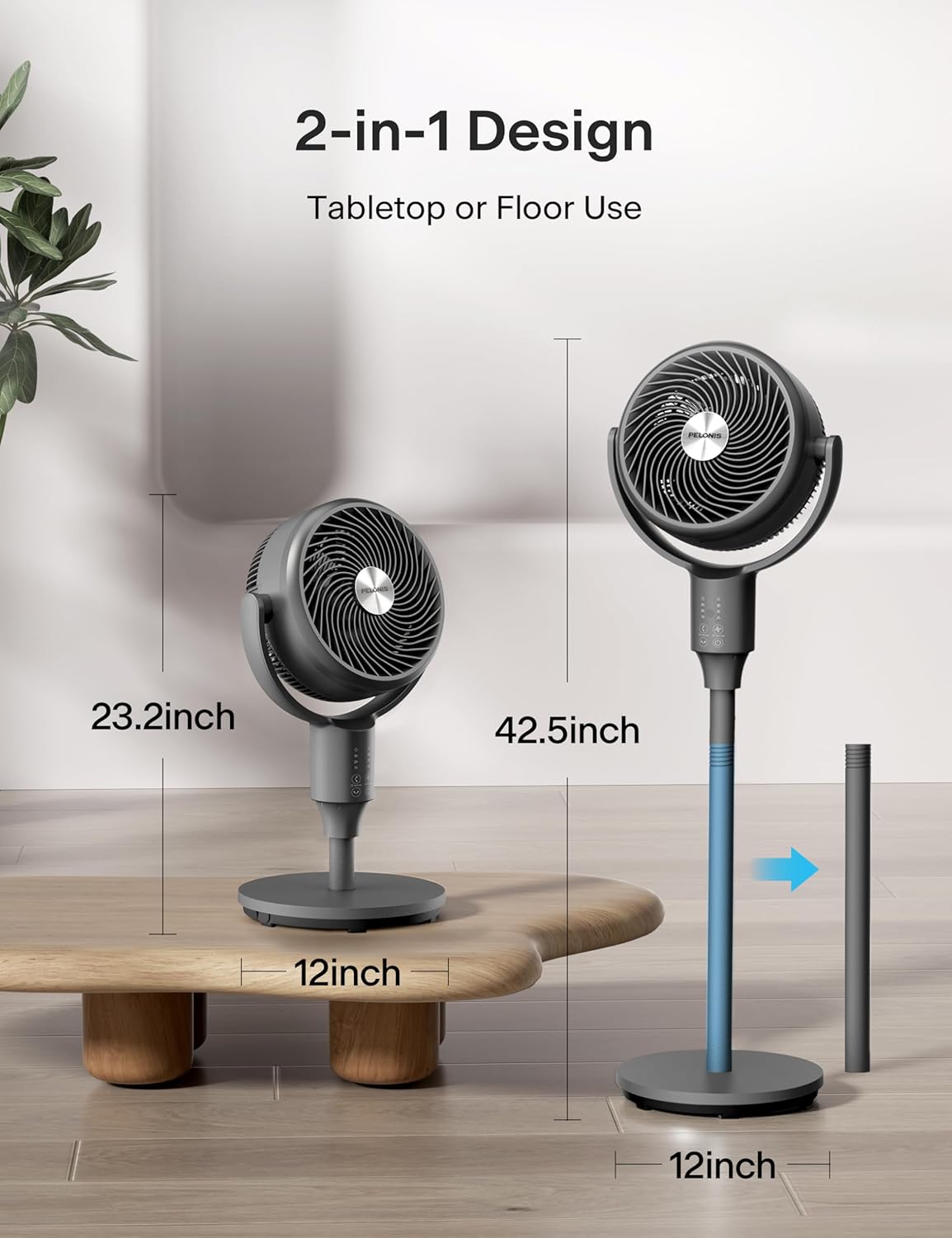 Detalle 2 de PELONIS Pedestal Fan (Ultra OmniFlow) with Remote, Auto Oscillation, 3 Speeds, 7H Timer, Adjustable Height