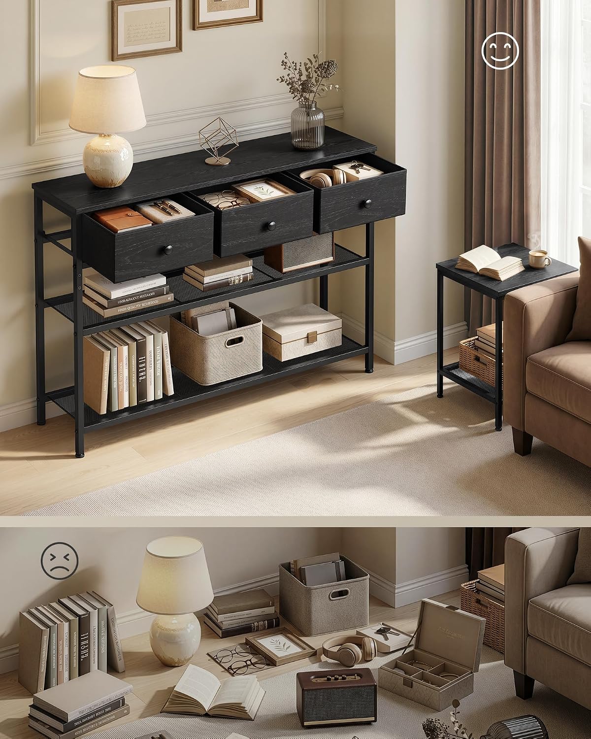 Detalle de SONGMICS LGS098B201 BELLAH consoletafel met 3 stoffen lades en 2 gaasplanken