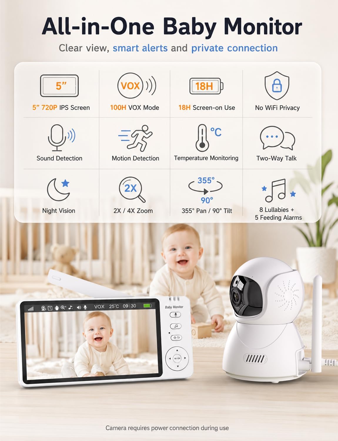 Thumbnail 1 de Baby Monitor with Camera and Night Vision (5" 720P) – No WiFi, VOX Power, 300m Range