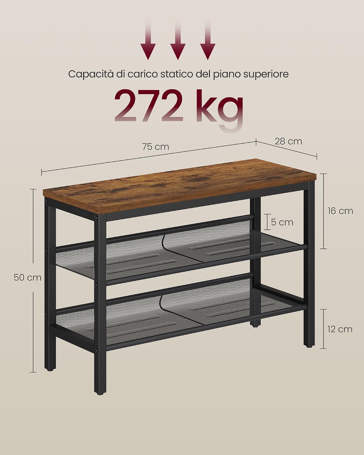 Detalle 2 de VASAGLE scarpiera 3 ripiani 28x75x50