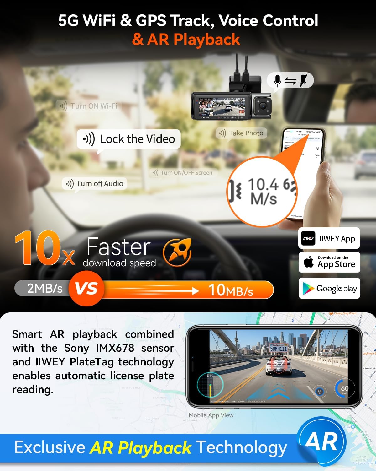 Thumbnail 3 de IIWEY 4K Dash Cam 3 Channel (C3 Pro) with STARVIS 2 Sensors, PlateTag AI, 5GHz Wi‑Fi, GPS, and Included 128GB Card