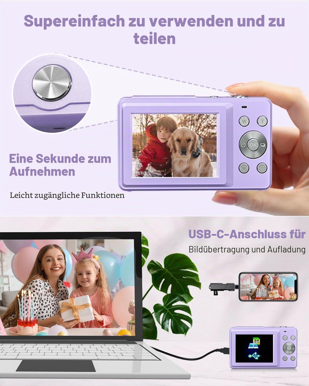 Detalle de Digitalkamera 1080P 44MP Fotoapparat von Zostuic – kompakte Vlogging-Kamera für Kinder, Teenager und Anfänger