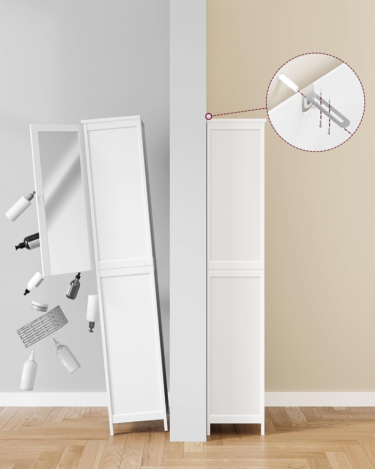 Detalle 2 de VASAGLE BBC764WH01 bathroom cabinet with full-length mirror and adjustable shelves