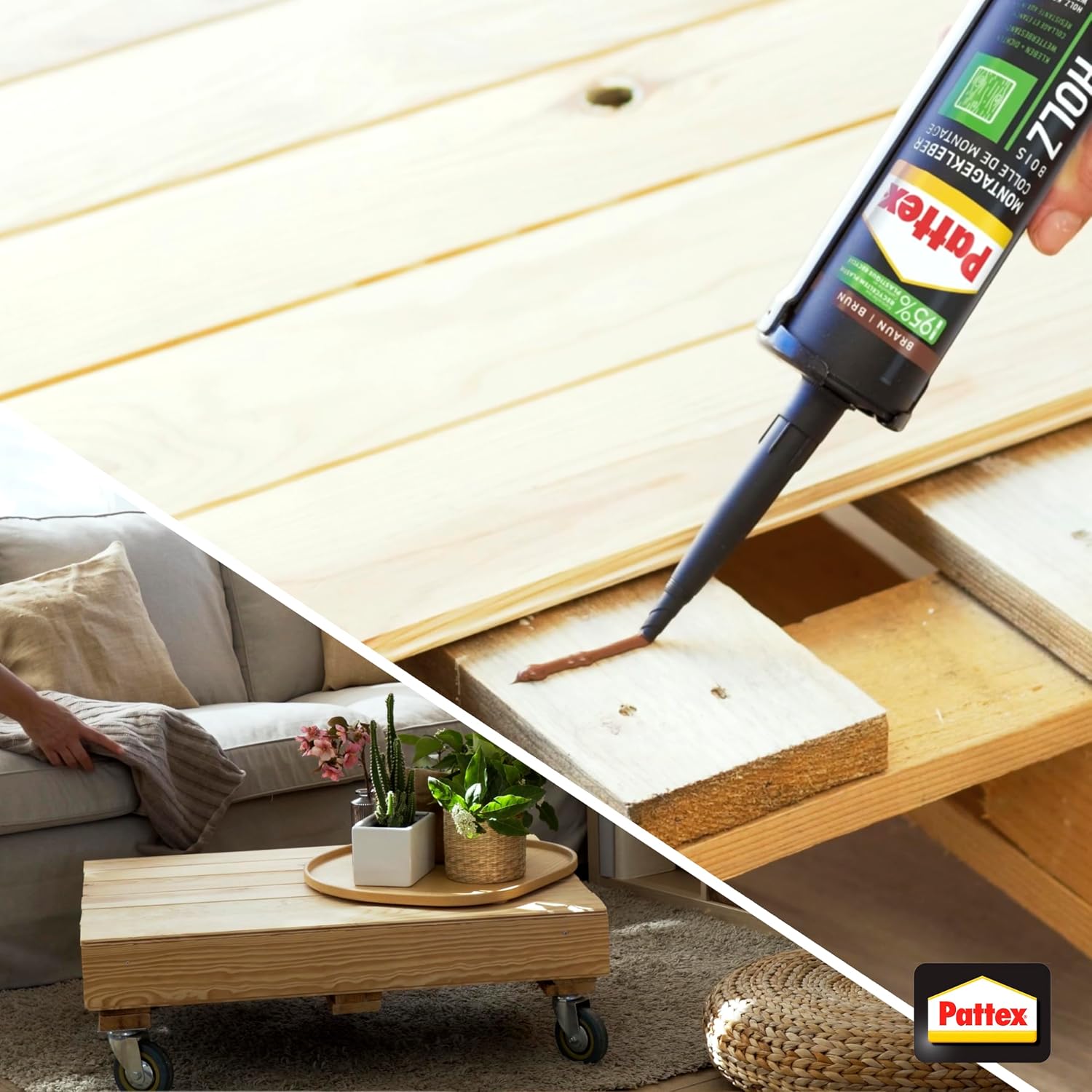Detalle de Pattex Montage Holz (FlexTec), brauner Montagekleber für Holz und Holzwerkstoffe – wetterbeständig, 1x420 g Kartusche