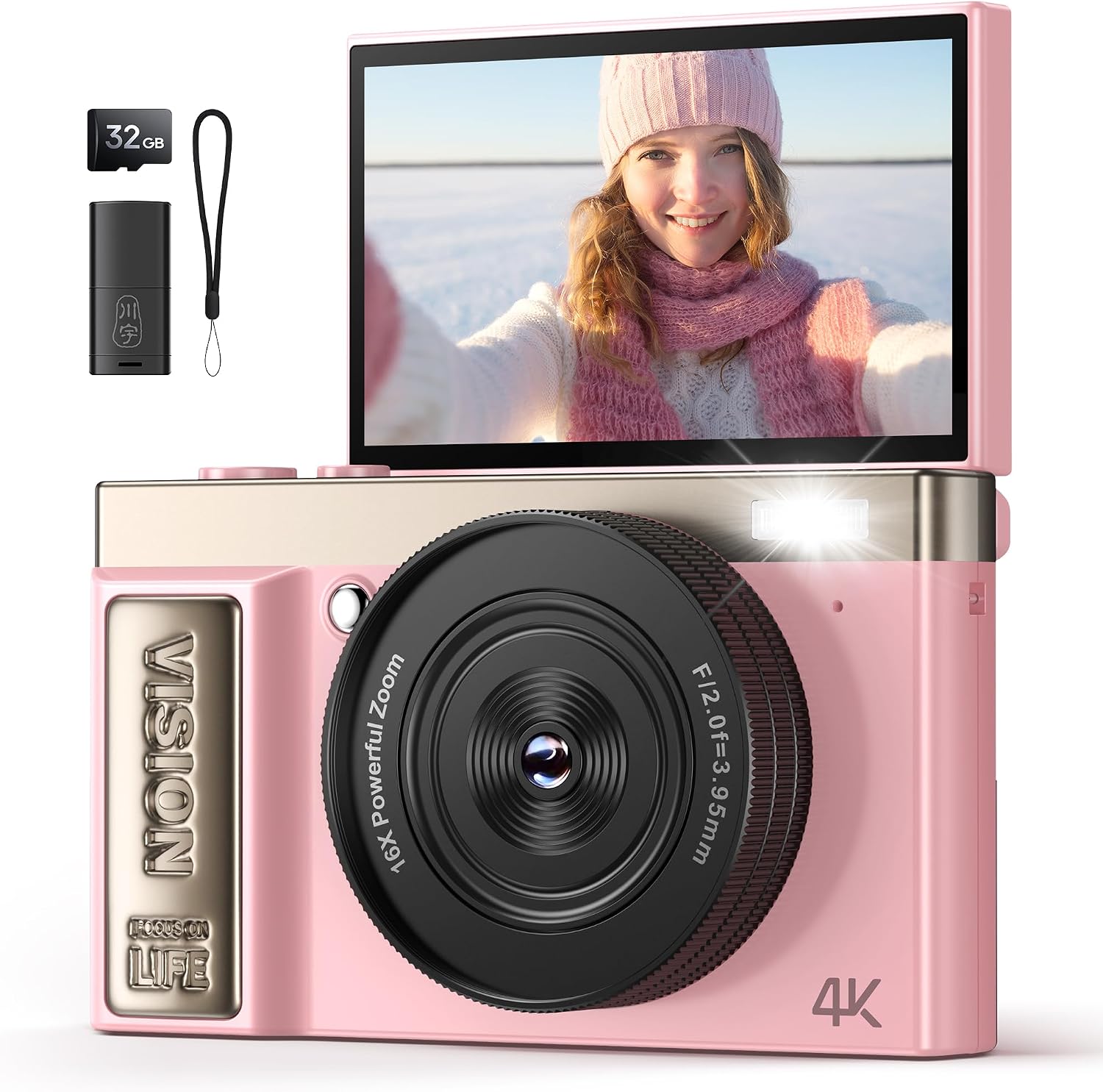 QIUOIO Digitalkamera 4K 64MP rosa