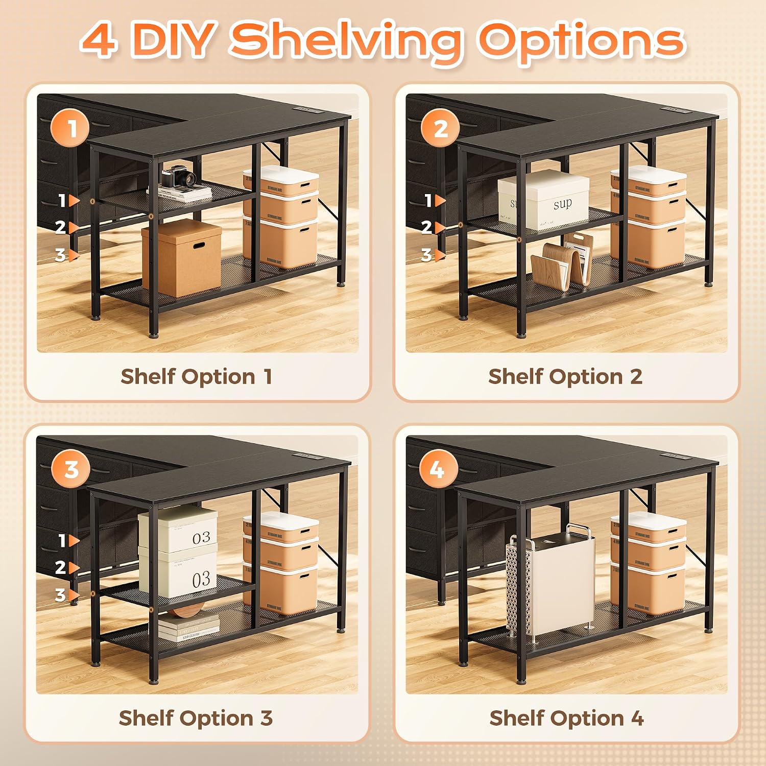 Thumbnail 6 de PRAISUN 47-Inch L-Shaped Desk with Power Outlets, USB-C, 5 Fabric Drawers