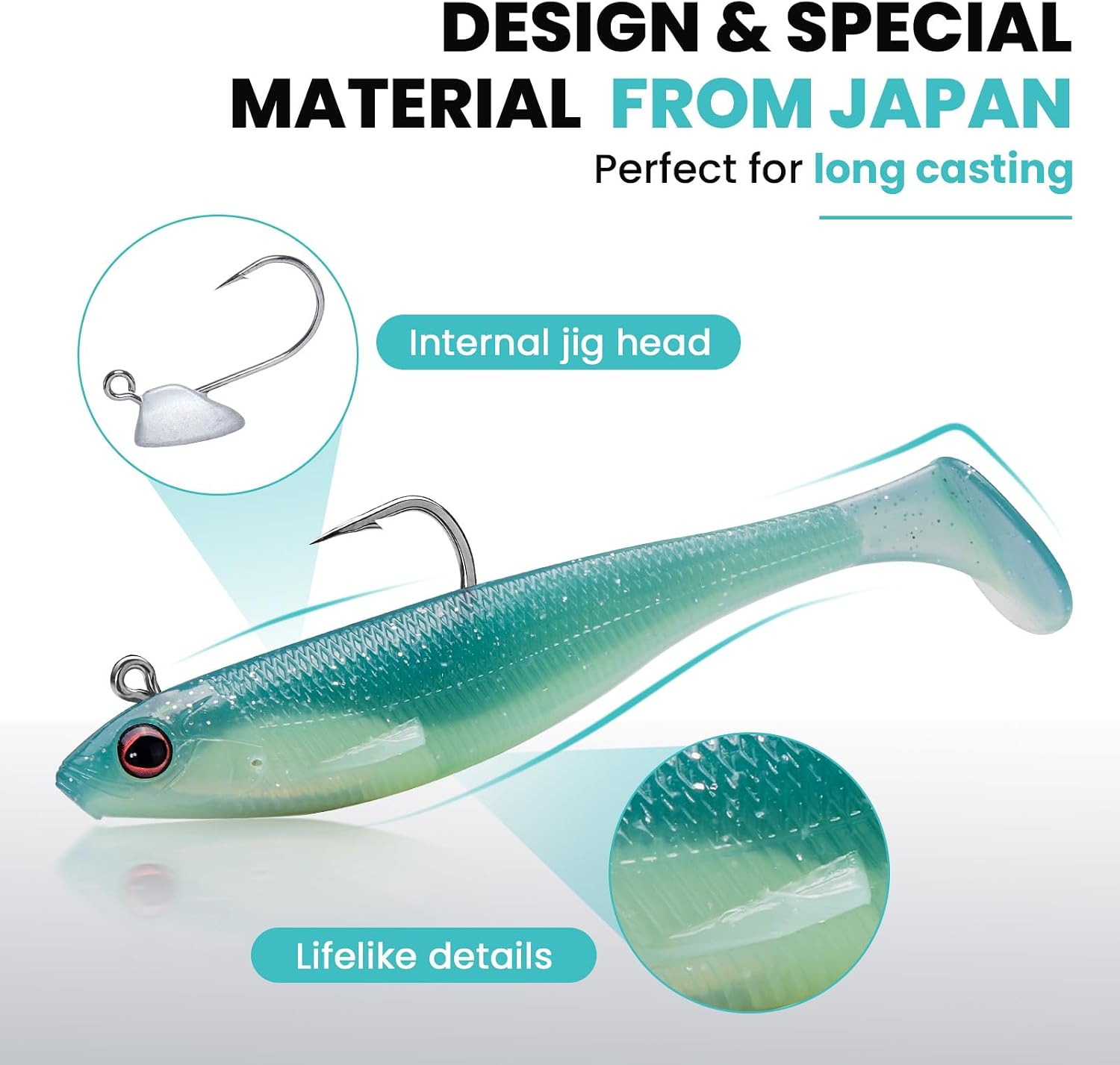 Detalle de TRUSCEND Shadtale Soft Fishing Lures with BKK Hooks – Easy Catch Trembly Sinking & Vibrating Swim