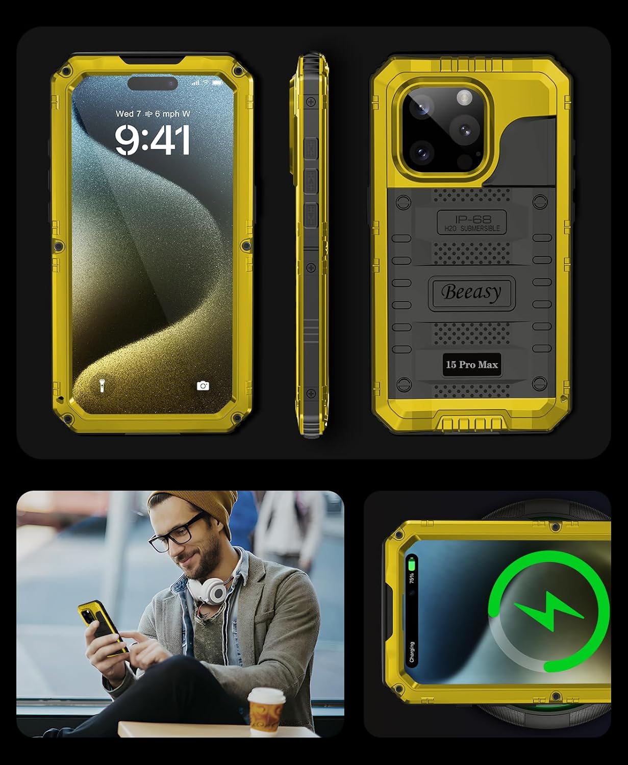 Detalle 2 de Beeasy Robust Series: iPhone 15 Pro Max Case with Waterproof Heavy-Duty Shield (Yellow)