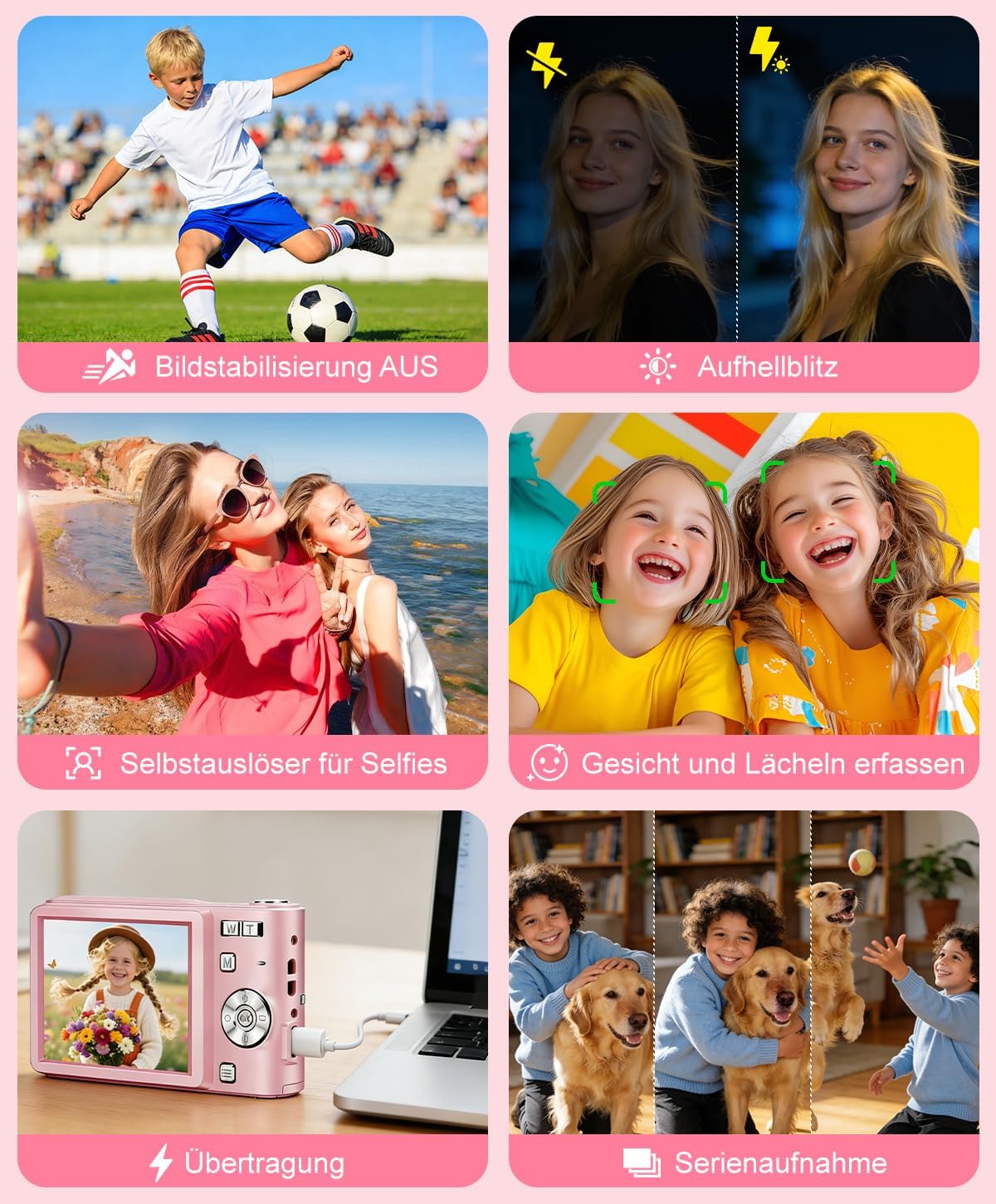 Thumbnail 5 de Digitalkamera 50MP mit 1080P Video, 16× Digitalzoom und 2,4" Bildschirm (Rosa) – Mini-Kompaktkamera für Kinder & Teenager
