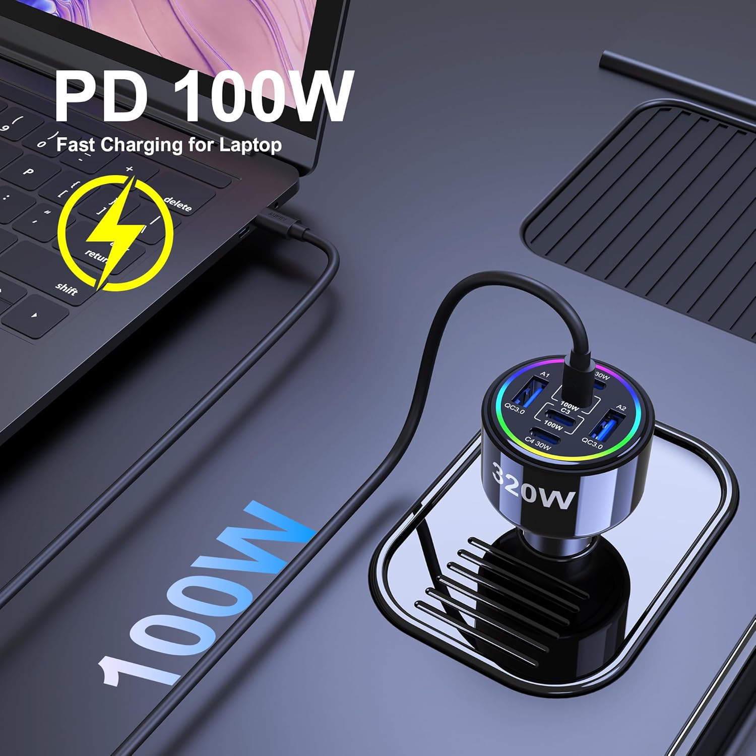 Detalle 2 de 320W USB-C Car Charger with 6 Ports: PD3.0/QC4.0 PPS Fast Charging for iPhone, MacBook, and More