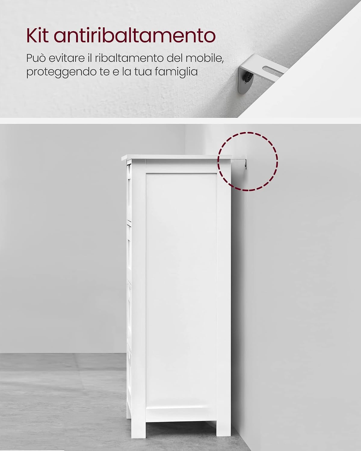 Detalle 2 de VASAGLE Mobile da Bagno con 4 Cassetti, Cassettiera Autoportante Bianco LHC40W – 30 x 30 x 82 cm