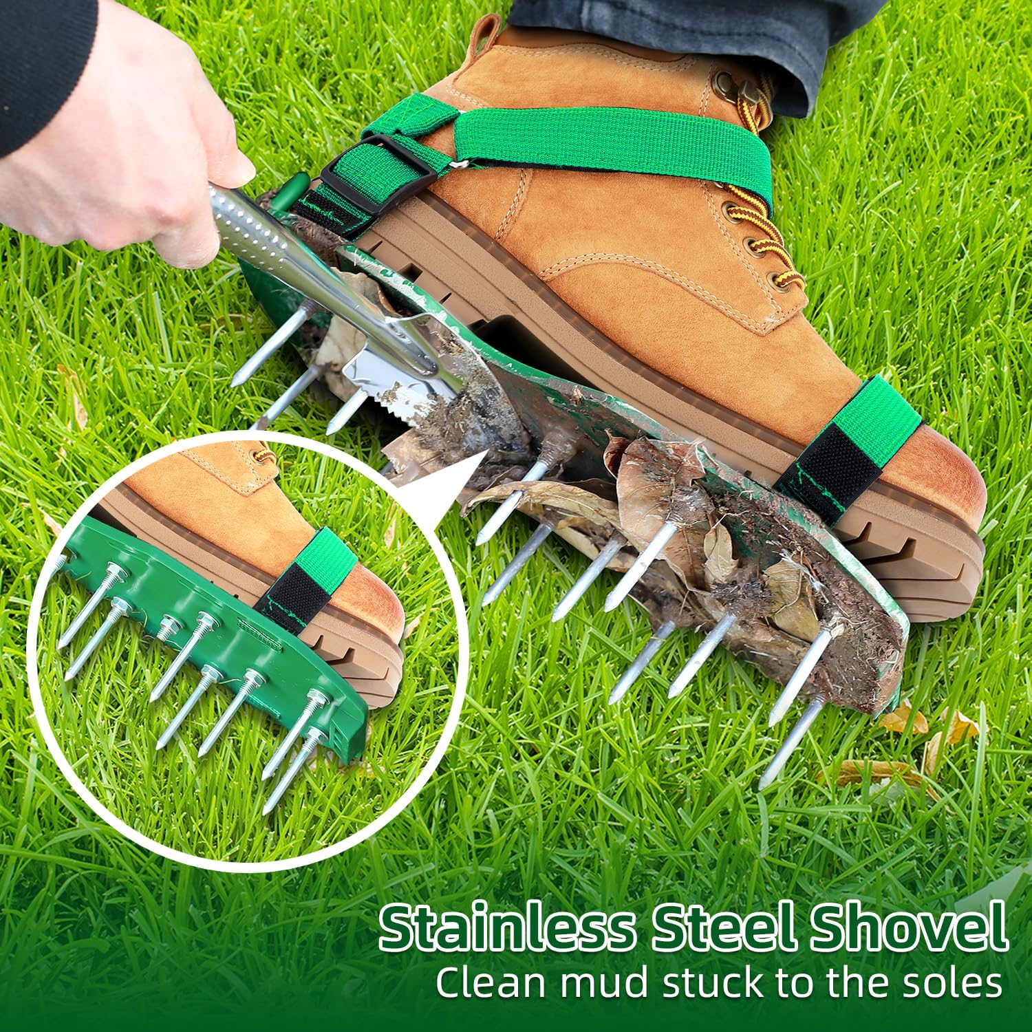 Detalle de Ohuhu Lawn Aerator Shoes for Glass: Free-Installation Spike Sandals with Stainless Shovel