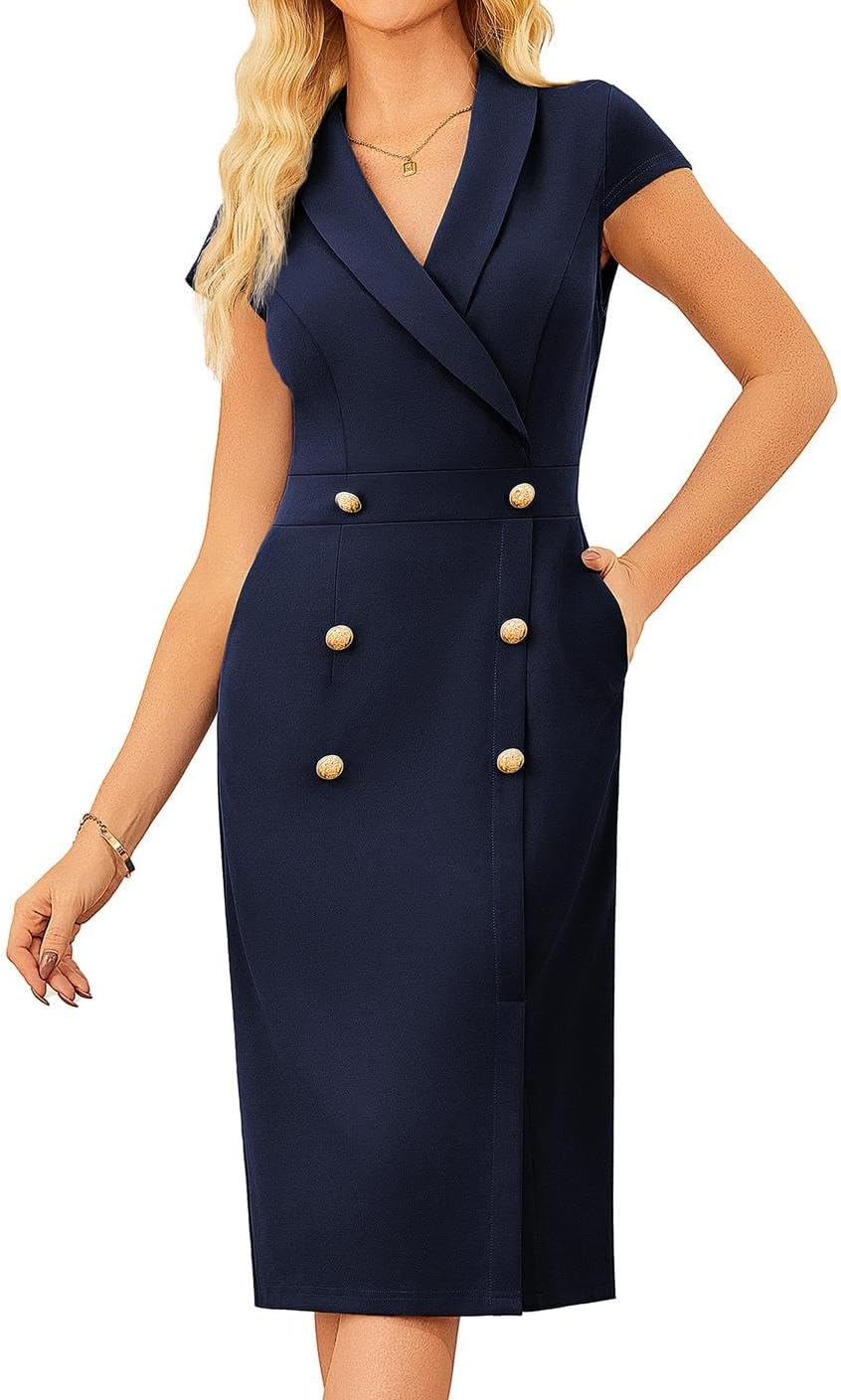 Thumbnail 6 de Robe Grace Karin Femme mi-longue bureau – manches courtes, col châle et fente frontale