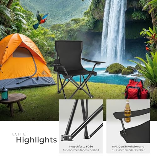 Detalle de tectake 4er Set Camping Stühle – Klappstuhl mit Armlehne, Getränkehalter und Tragetasche, schwarz
