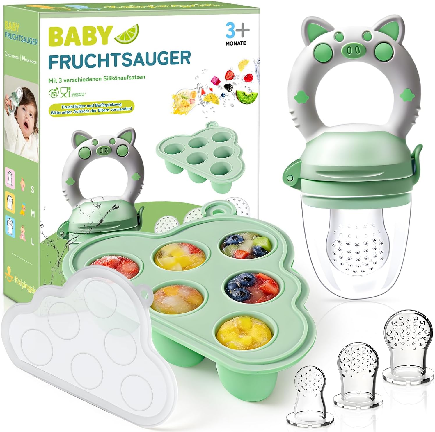 Detalle de Chupete Fruta Bebe de Kaiyingxin: Alimentador y Molde para Helados con 3 Tetinas de Silicona