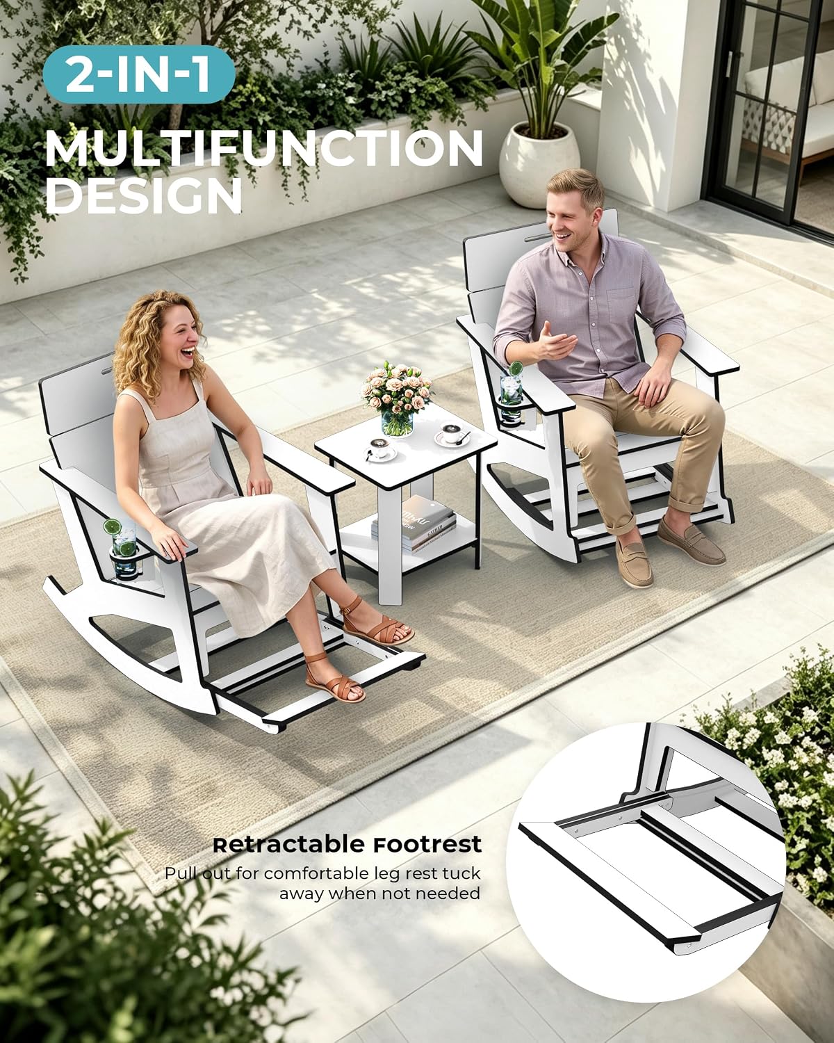 Detalle 2 de Ciokea bistro set White HDPE Patio Set with 2 Tables and 4 Rocking Chairs