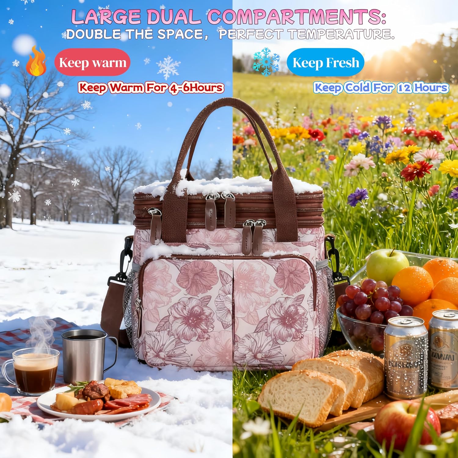 Detalle 2 de leocwen leocwenbag-1 Insulated Lunch Bag, 15 L, Pink Floral, 8 Pockets