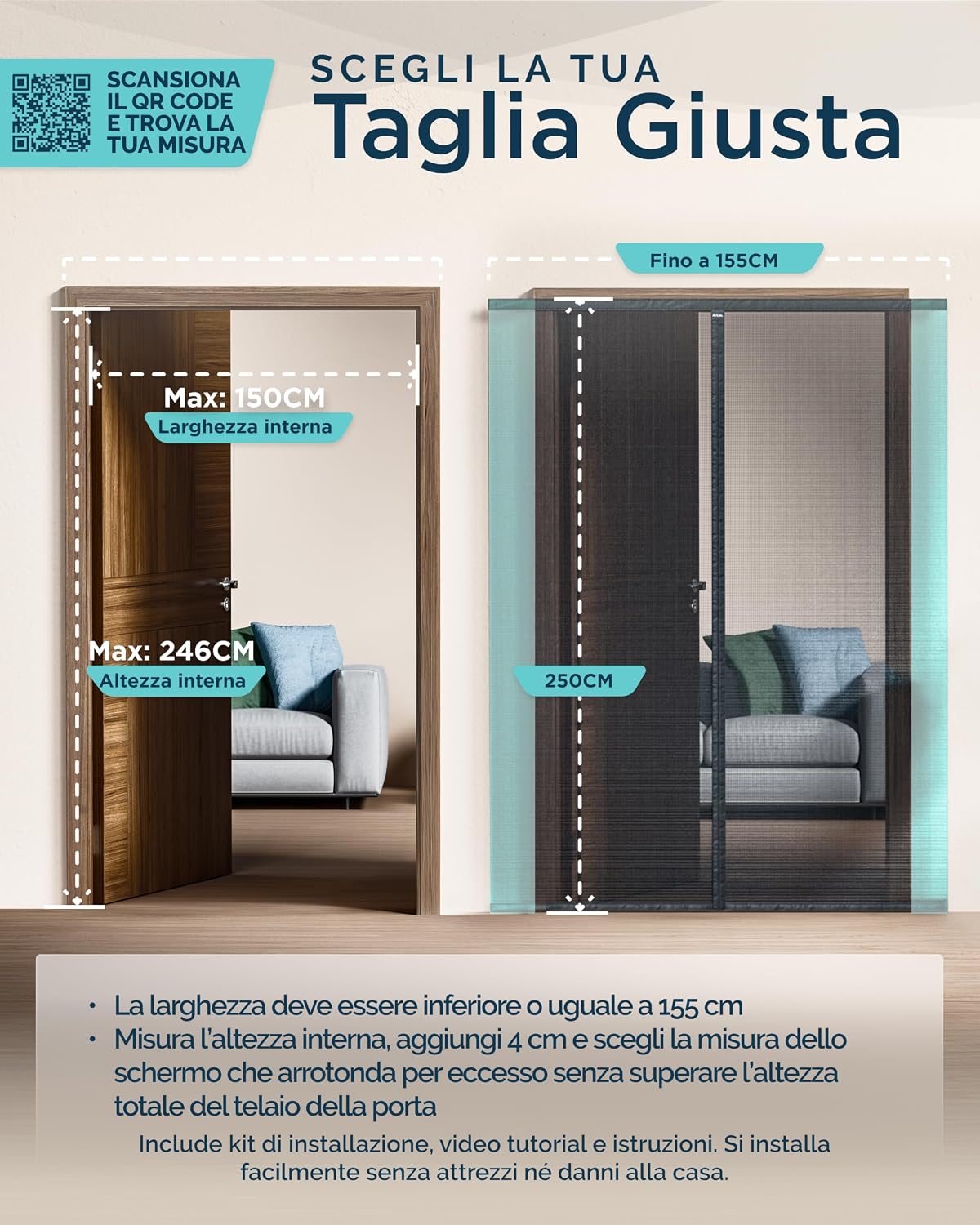 Detalle de ARCOL Zanzariera magnetica per porta - Tagliabile 155x250 cm, nero, chiusura magnetica