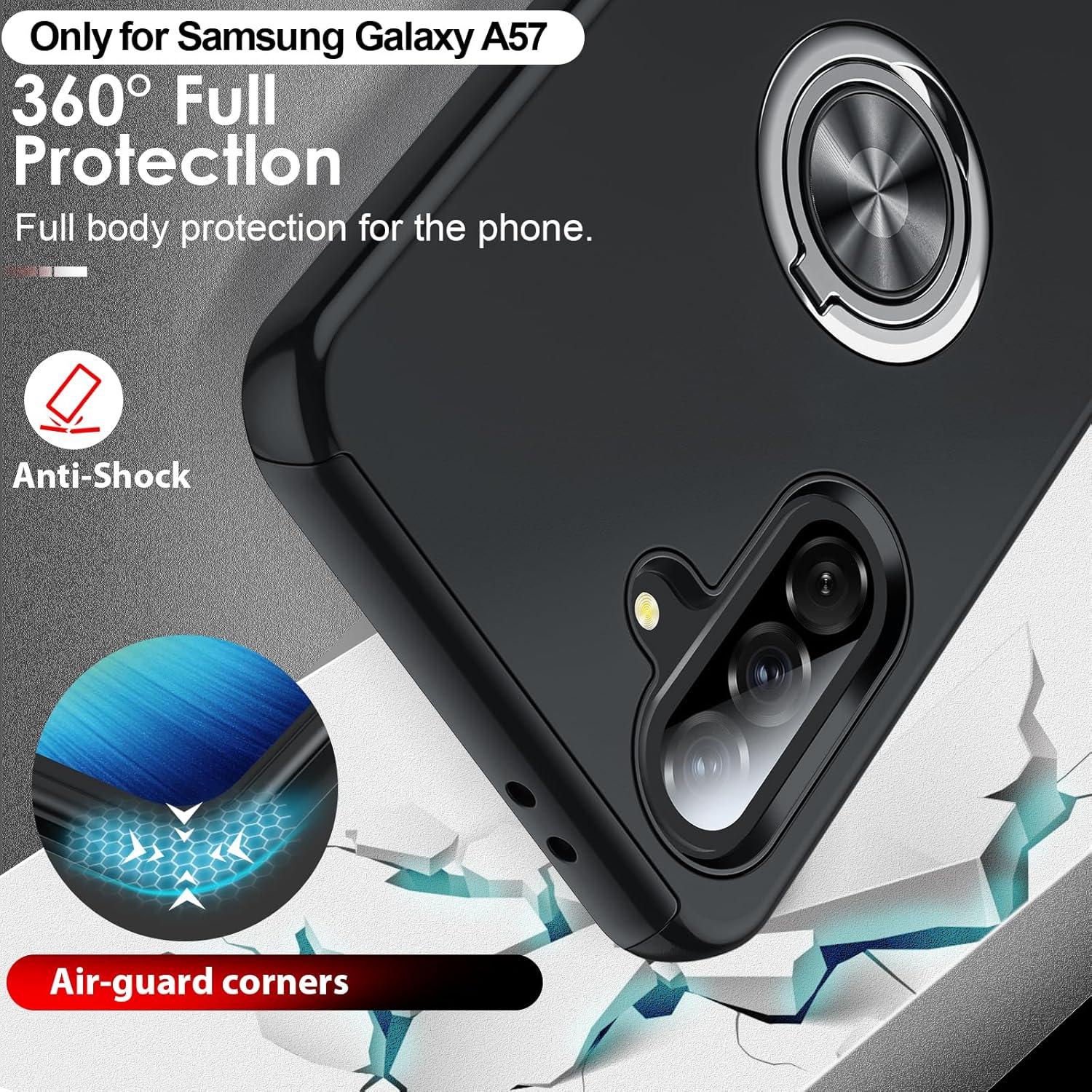 Thumbnail 3 de LeYi Samsung A57 5G Phone Case with 2 Tempered Glass Screen Protectors & Ring Stand – Black