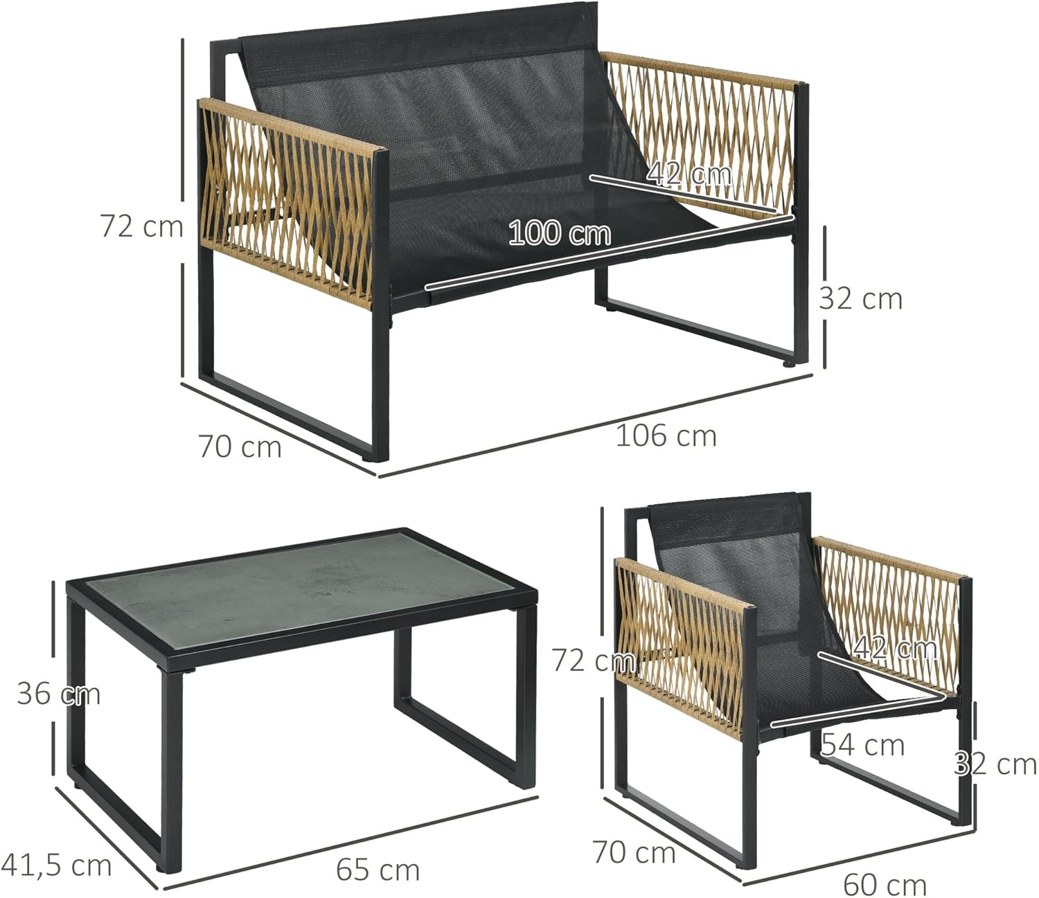 Thumbnail 6 de Outsunny Salon de Jardin Extérieur 4 Pièces - Canapé 2 Places, 2 Fauteuils et Table Basse en Résine Tressée Gris
