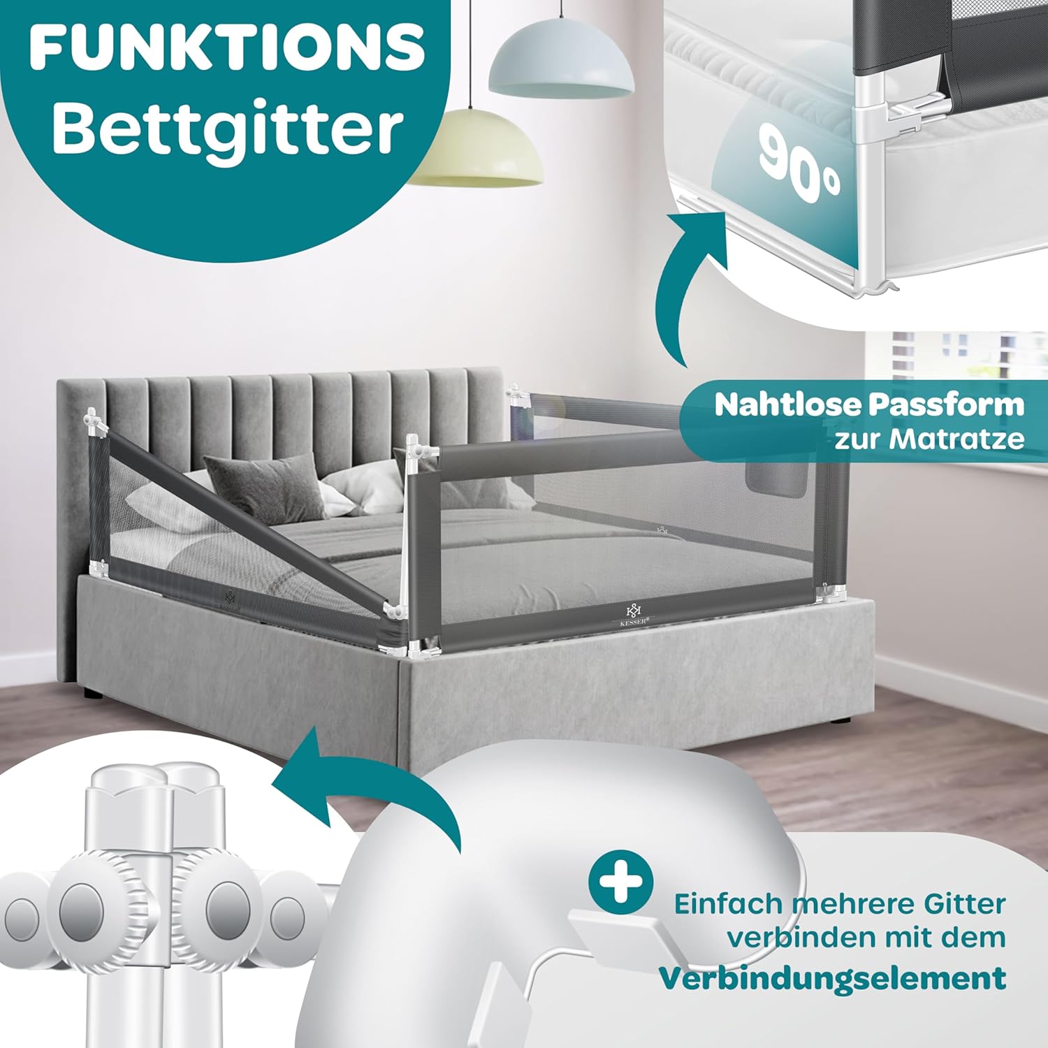 Thumbnail 4 de KESSER® Bettschutzgitter 200 cm – klapp- & höhenverstellbares Kinderbett Schutzgitter mit Mesh Netz, Dunkelgrau