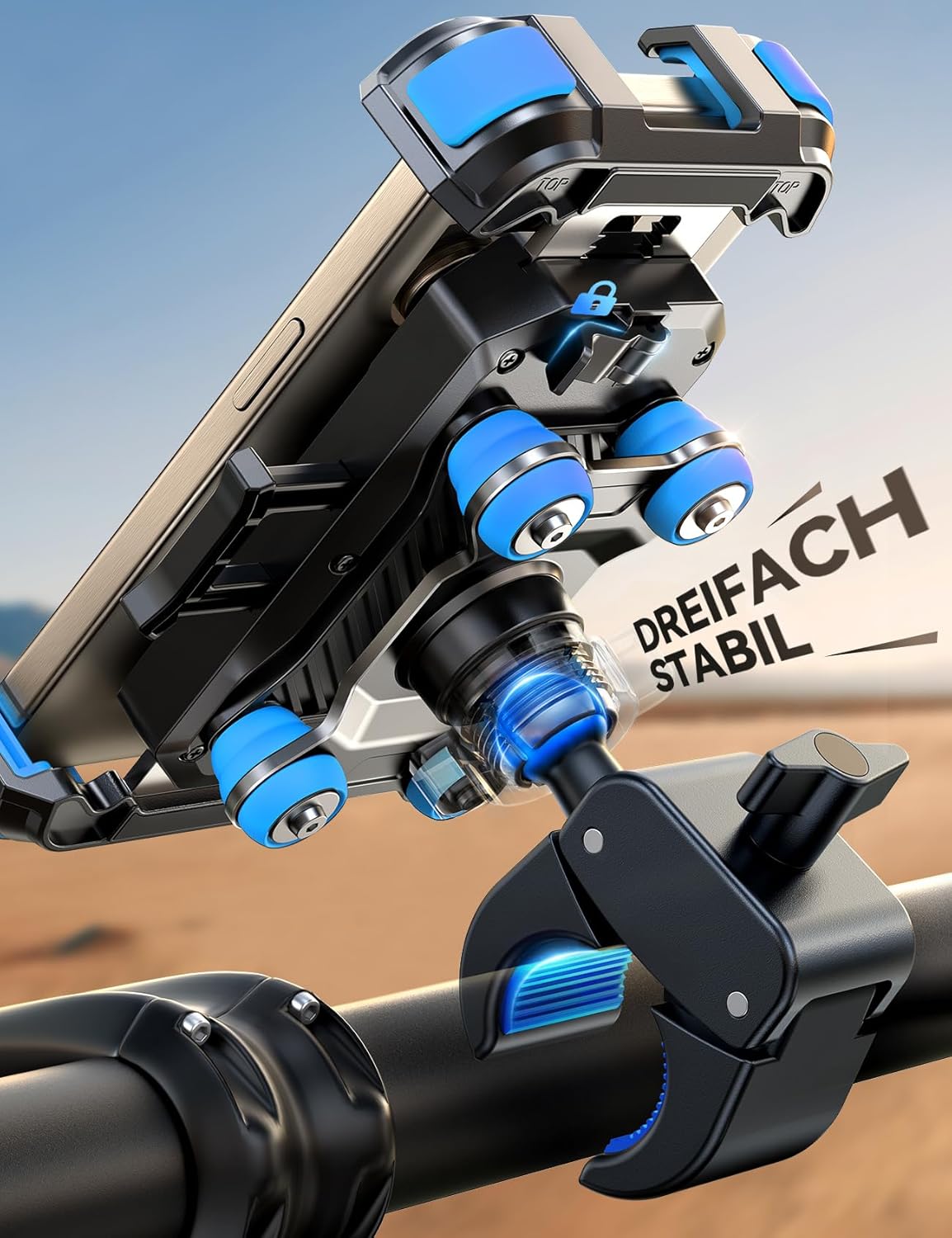 Detalle de JOYROOM Handyhalterung Motorrad – Doppelt vibrationsgedämpft, 1‑Klick Öffnung, 360° Drehbar, für iPhone 16/15/14/13 und Samsung S24/S23