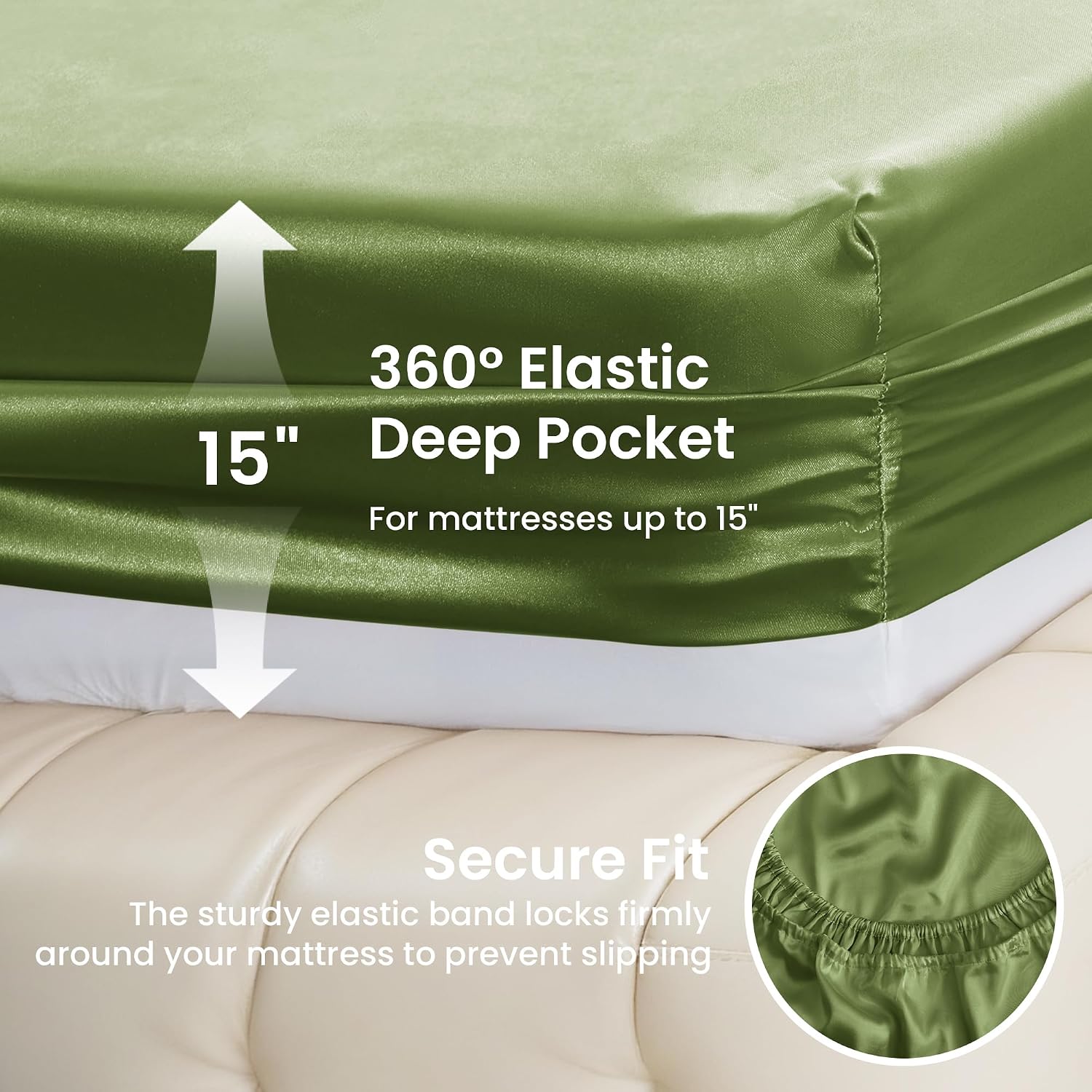 Detalle de Love's cabin Satin King Sheet Set, 4-Piece, Sage, 15-Inch Deep Pockets