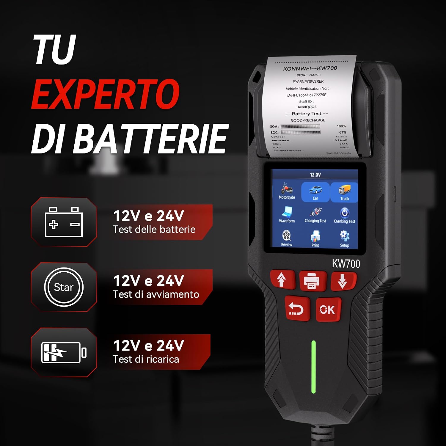 Detalle 2 de KONNWEI KW700: Tester Batteria Auto con Stampante integrata per 12V/24V