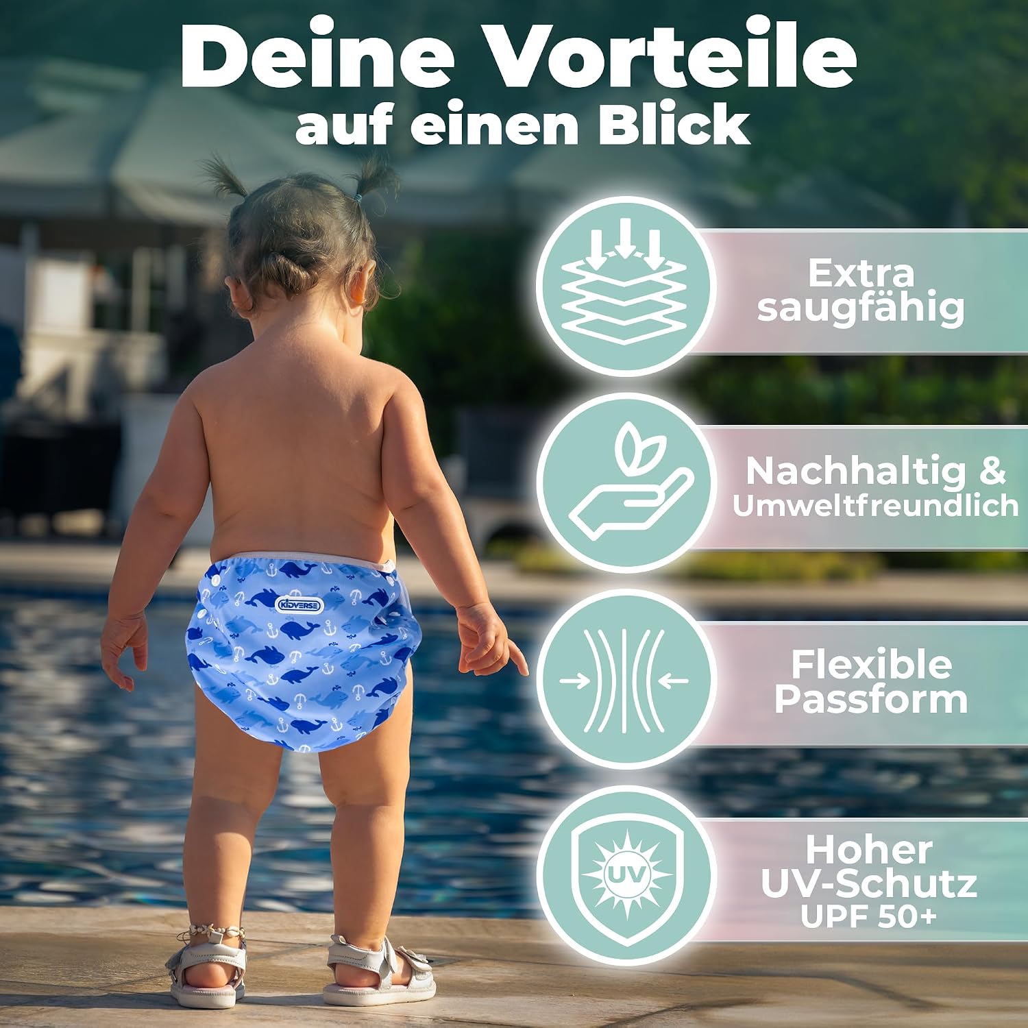 Detalle de KIDVERSE 2er Set Schwimmwindeln für Babys (0–3 Jahre), wiederverwendbar, hautfreundlich – mit Tasche & Wäschenetz