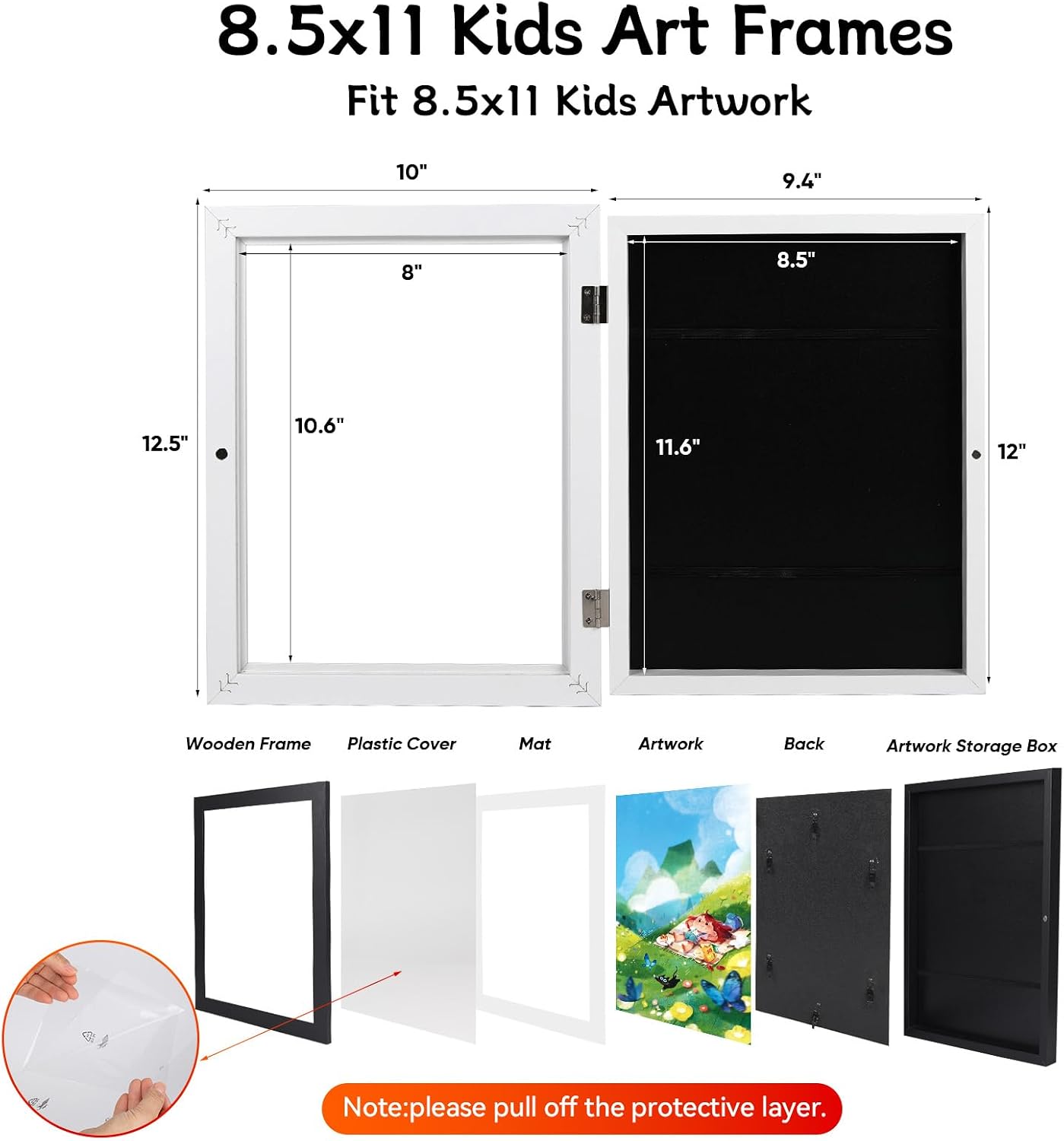 Detalle 2 de wesellcan Kids Art Frame for 8.5 x 11 Artwork, Front-Opening White Frame with Storage