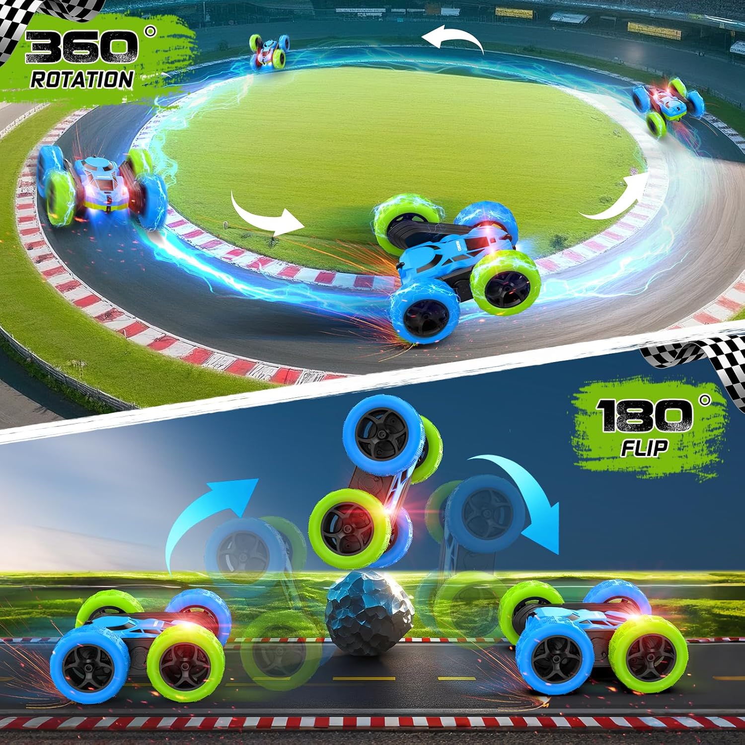 Detalle de COSONE Blue Green RC Car for Kids: 360° Stunt Fun with USB-C Rechargeable Battery