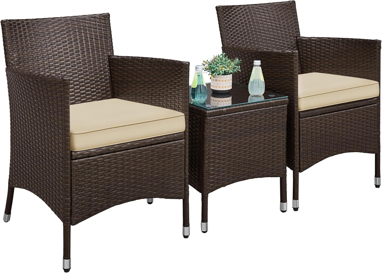 Detalle de Yaheetech Set Mobili da Giardino 2 Poltrone e 1 Tavolino in Rattan PE Impermeabile per Esterno con Cuscini Marrone